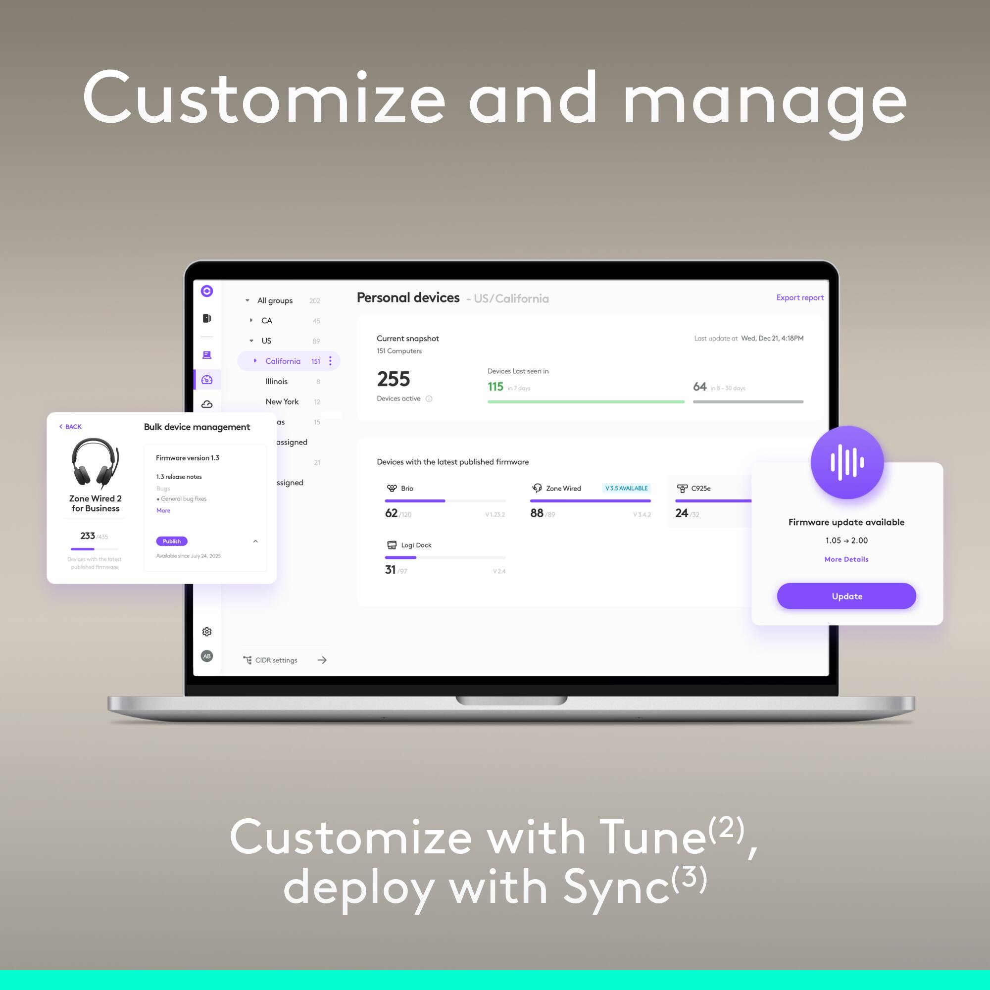 Customize and manage

Personal devices - US/California

Current snapshot - Computers 255 Devices active

Bulk device management

Firmware version 1.3

Devices with the latest published firmware

Firmware update available 1.05 → 2.00

Customize with Tune(2), deploy with Sync(3)