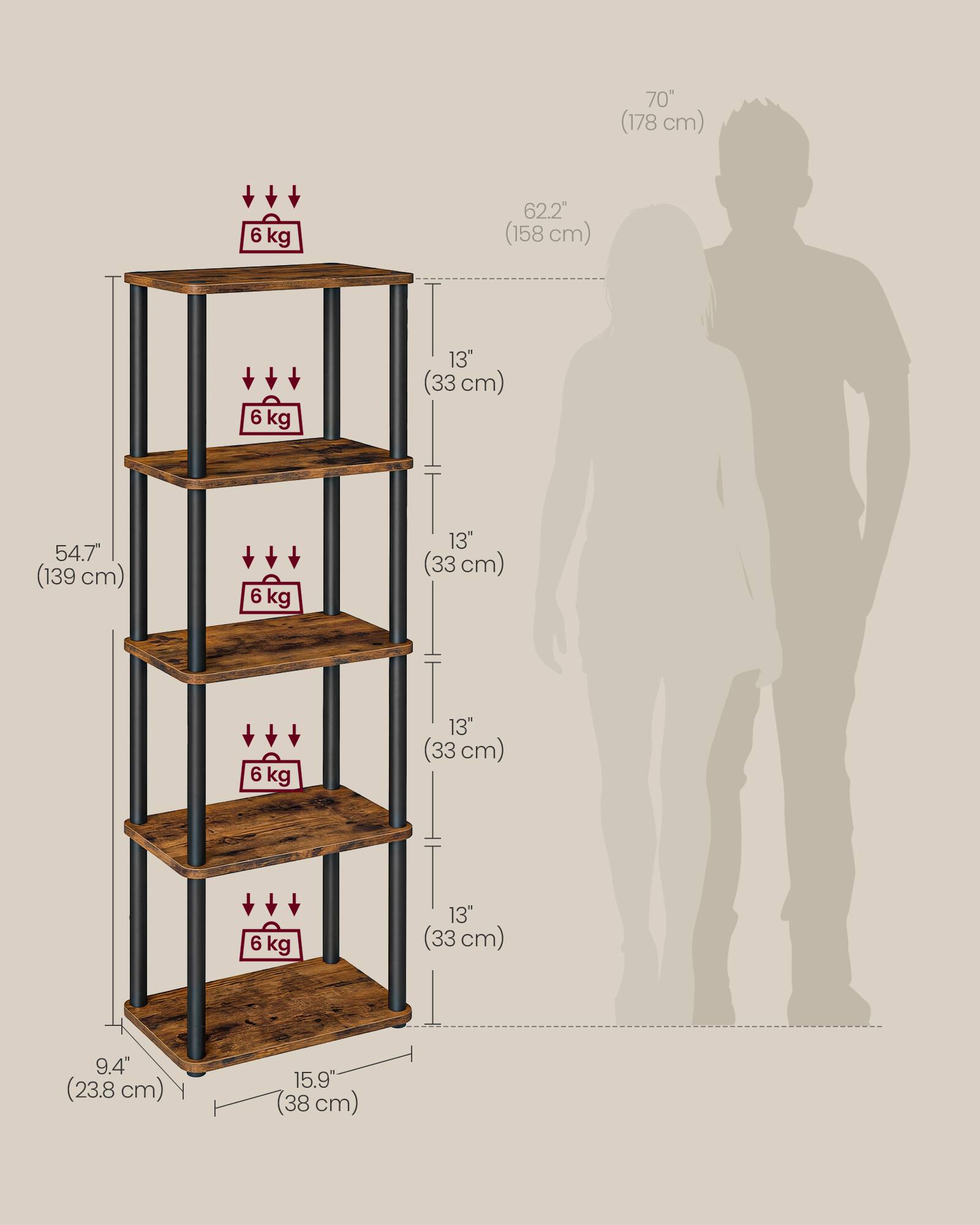 70" (178 cm)  
62.2" (158 cm)  
54.7" (139 cm)  
9.4" (23.8 cm)  
15.9" (38 cm)  

13" (33 cm)  
6 kg  
13" (33 cm)  
6 kg  
13" (33 cm)  
6 kg  
13" (33 cm)  
6 kg