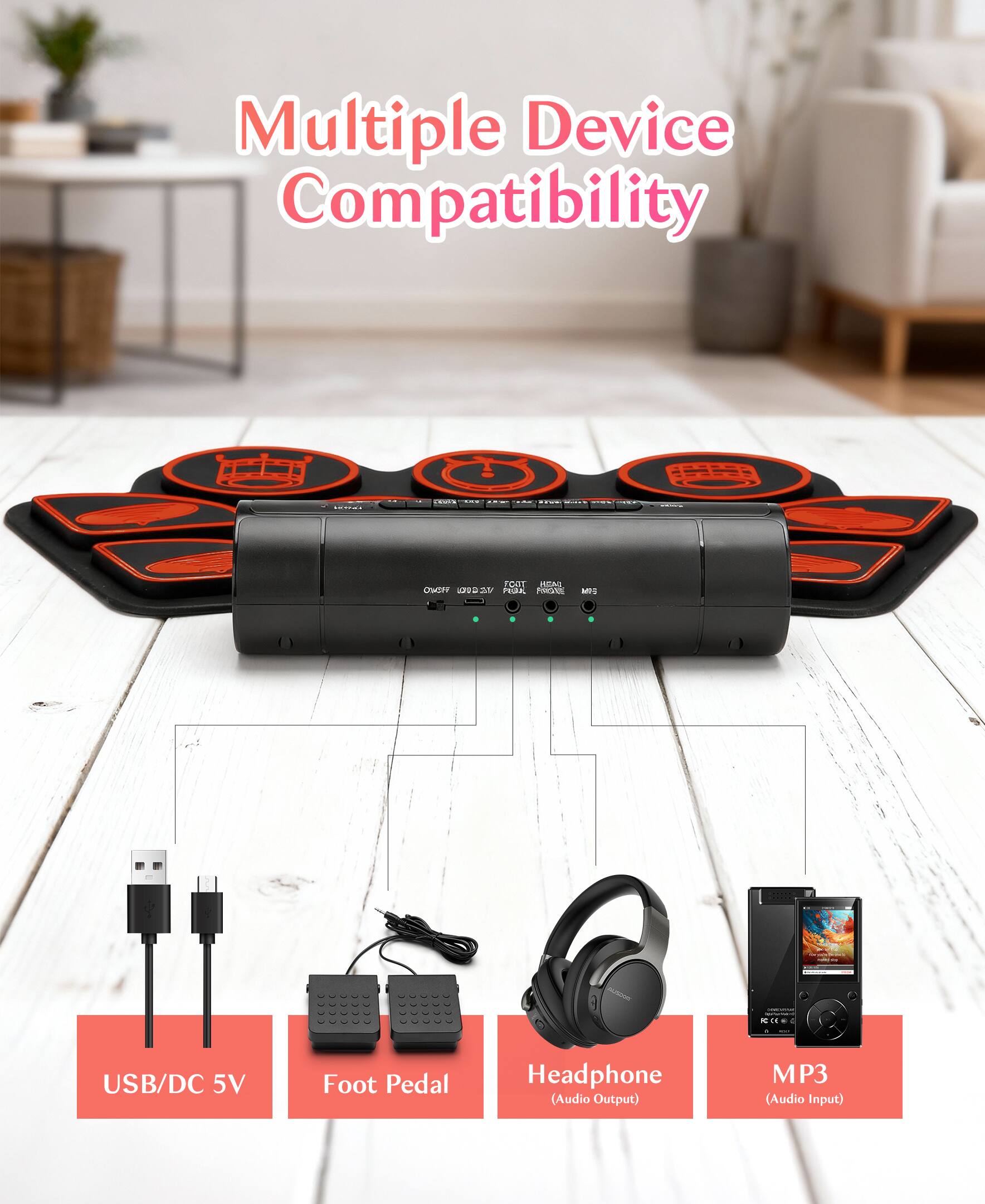 Alt View 5. Sugift - Kids Roll-Up Electronic Drum Set with Speakers, Headphone Jack & Foot Pedals - Green - Red.