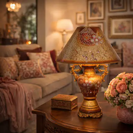 Front. FC Design - 28"H Gold & Red Ornate Floral Design Table Lamp.