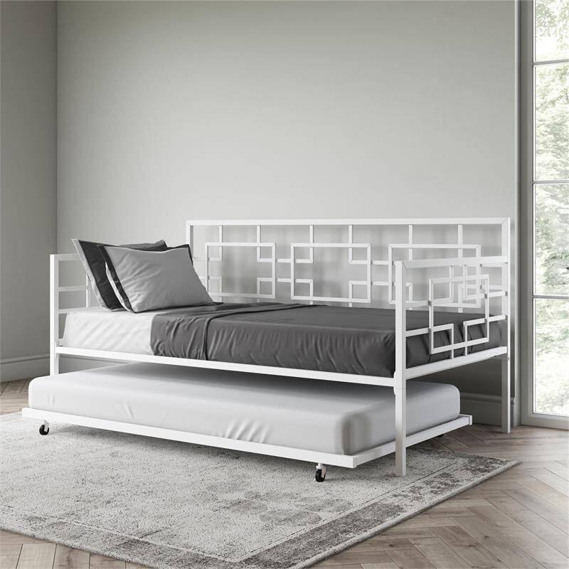 Left. Hivvago - Hivvago Contemporary Metal Daybed Frame with Twin Pull-Out Trundle Bed - White.