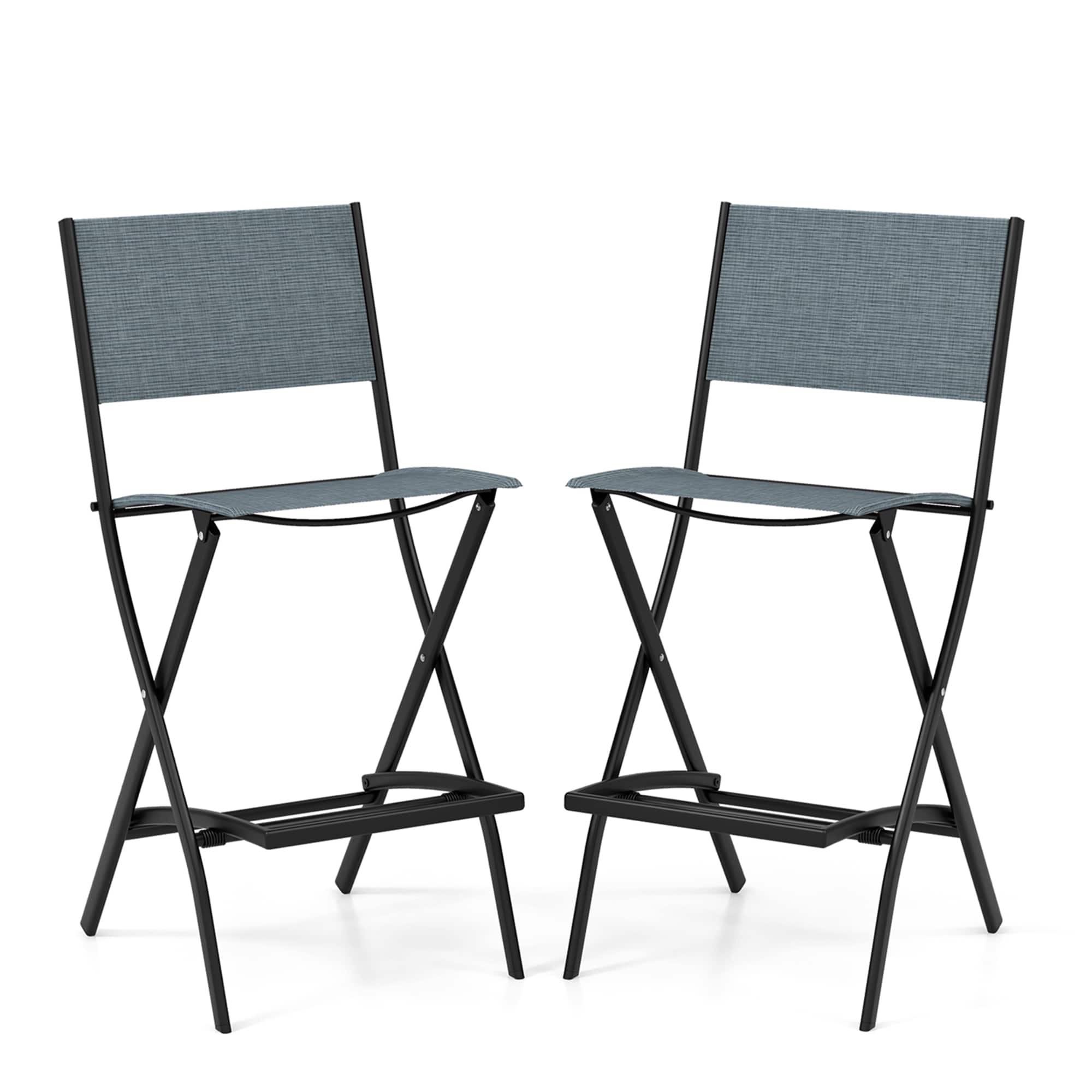 Costway - Set of 2 Outdoor Bar Chair Folding Bar Height Stool with Metal Frame - Blue