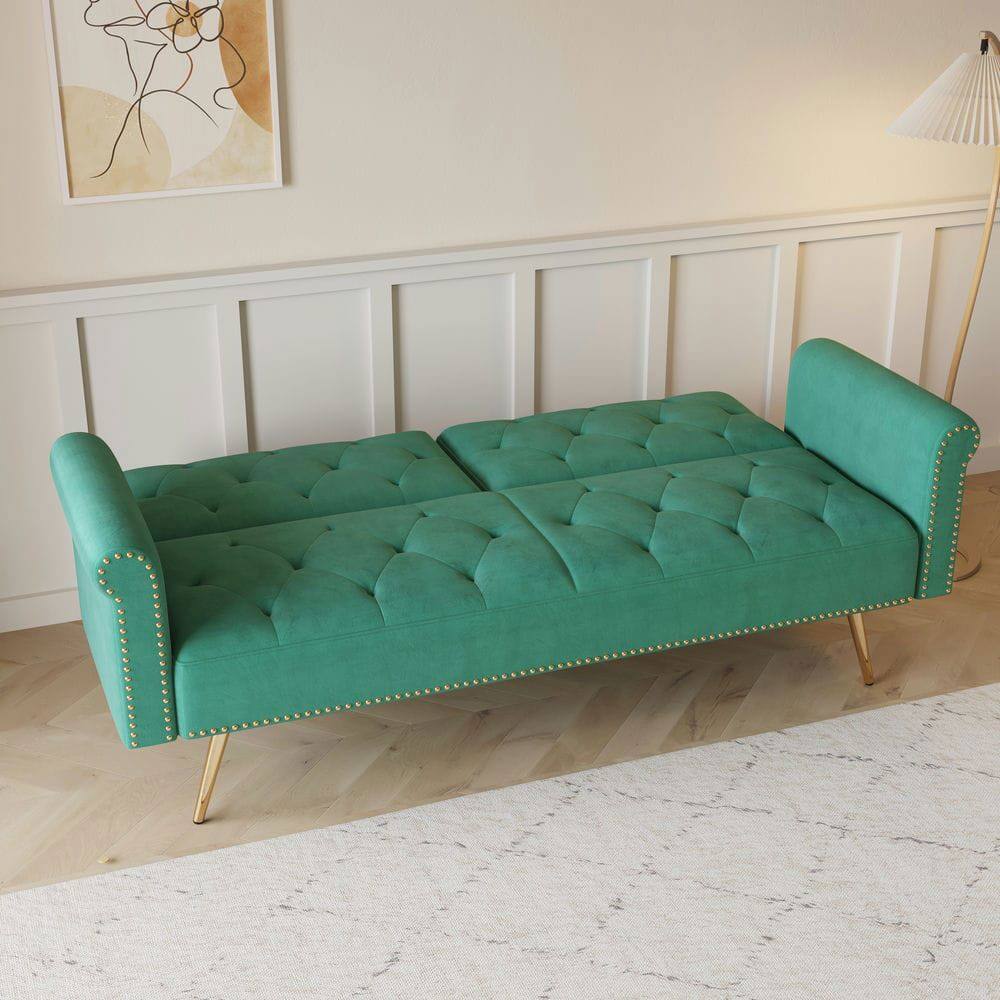 Angle. Resenkos - 69.7" Velvet Sofa Bed with Nail Head Trim & Matching Throw Pillow - Green.
