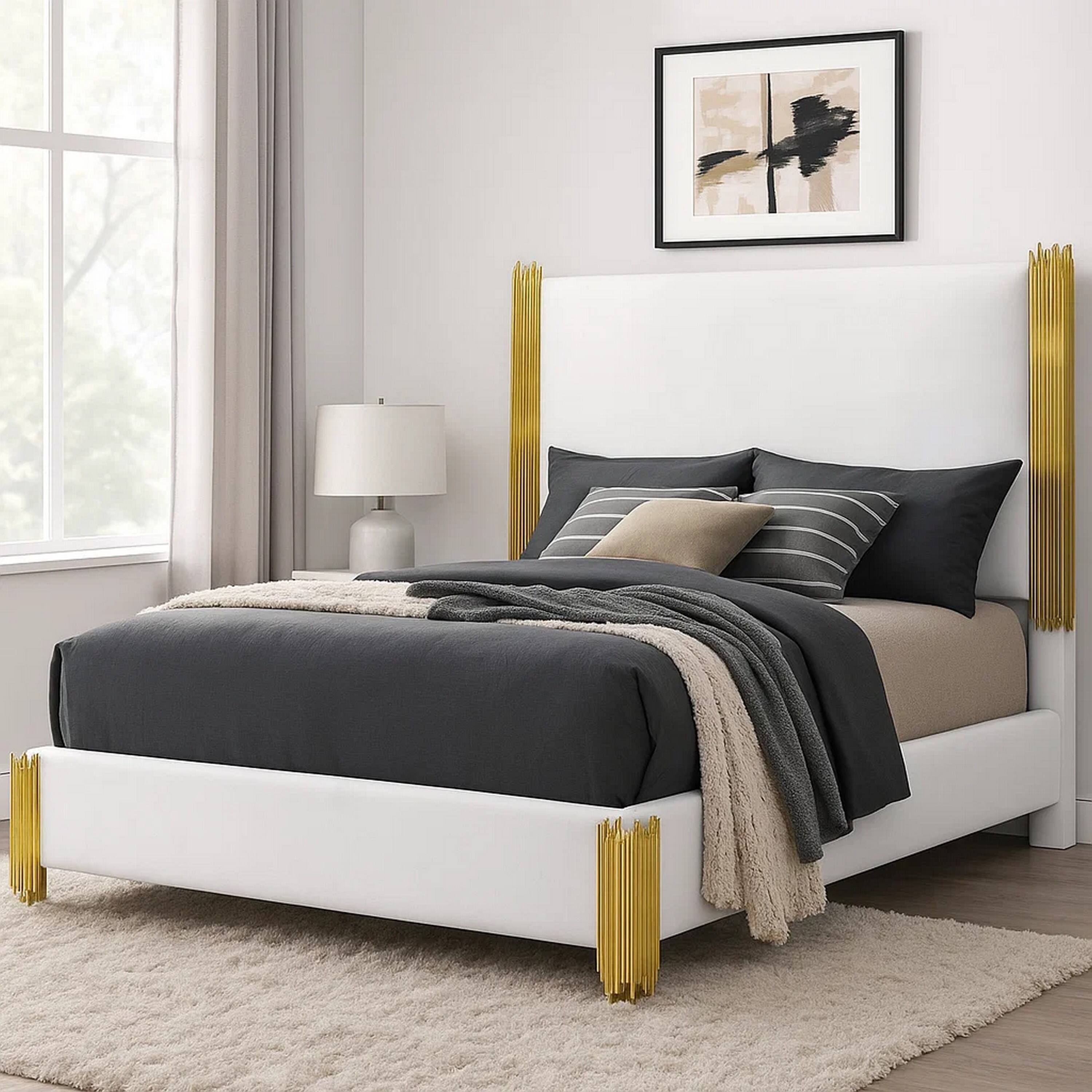 Alt View 5. Manhattan Lane - Dyl Queen Bed, Soft Foam Upholstered, White Fabric, Gold Accent Posts - White, Gold.