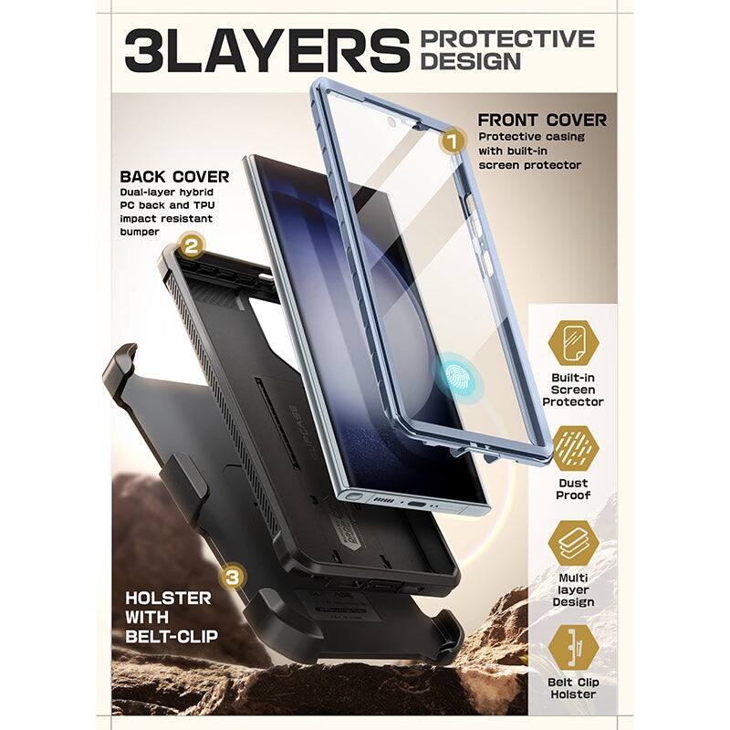 **3LAYERS PROTECTIVE DESIGN**

**BACK COVER**
- Dual-layer hybrid PC back and TPU impact resistant bumper

**FRONT COVER**
- Protective casing with built-in screen protector

**HOLSTER WITH BELT-CLIP**
- Multi layer Design Belt Clip Holster

**Features:**
- Built-in Screen Protector
- Dust Proof
- Multi layer Design
- Belt Clip Holster