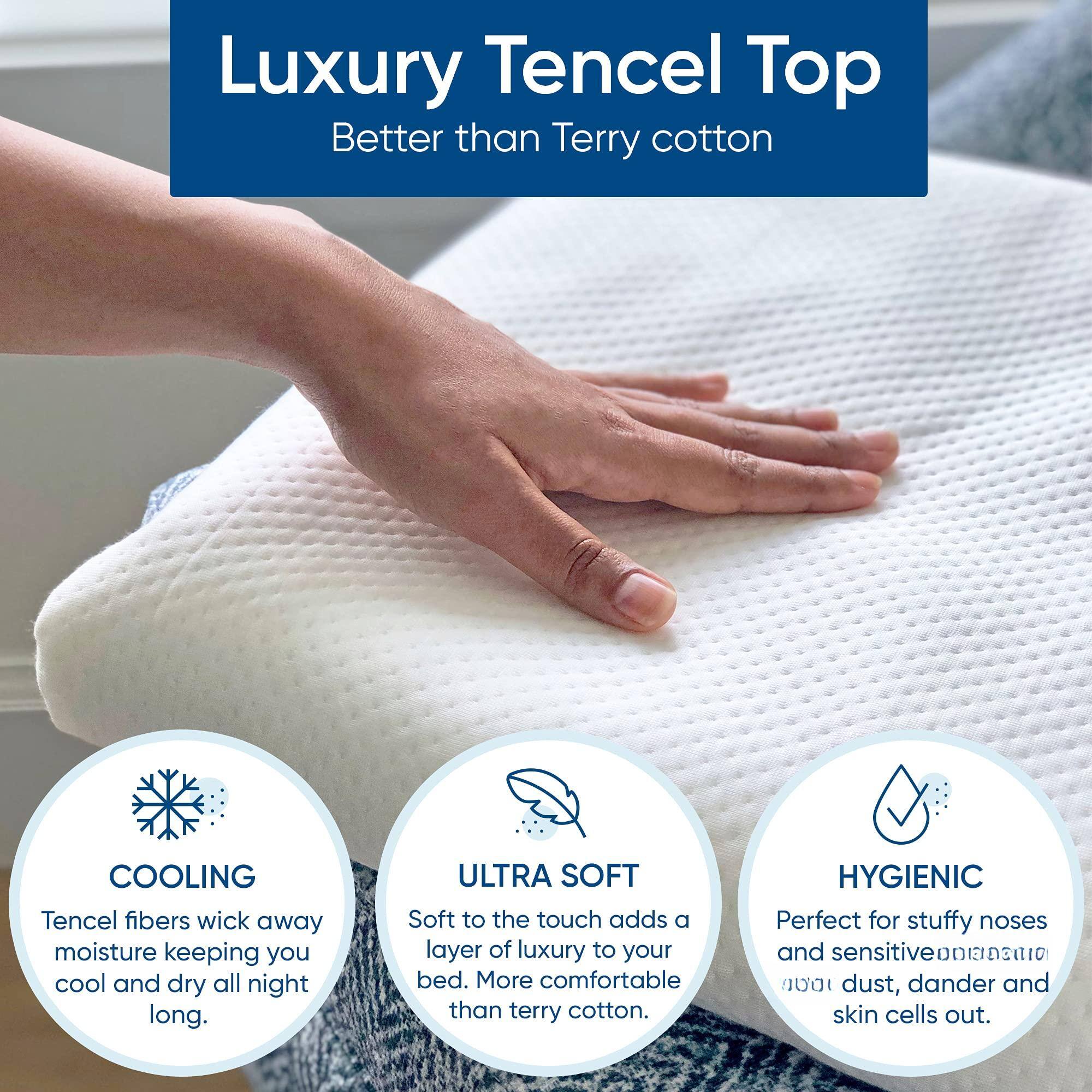 Luxury Tencel Top  
Better than Terry cotton  

COOLING  
Tencel fibers wick away moisture keeping you cool and dry all night long.  

ULTRA SOFT  
Soft to the touch adds a layer of luxury to your bed. More comfortable than terry cotton.  

HYGIENIC  
Perfect for stuffy noses and sensitive skin, dust, dander and skin cells out.