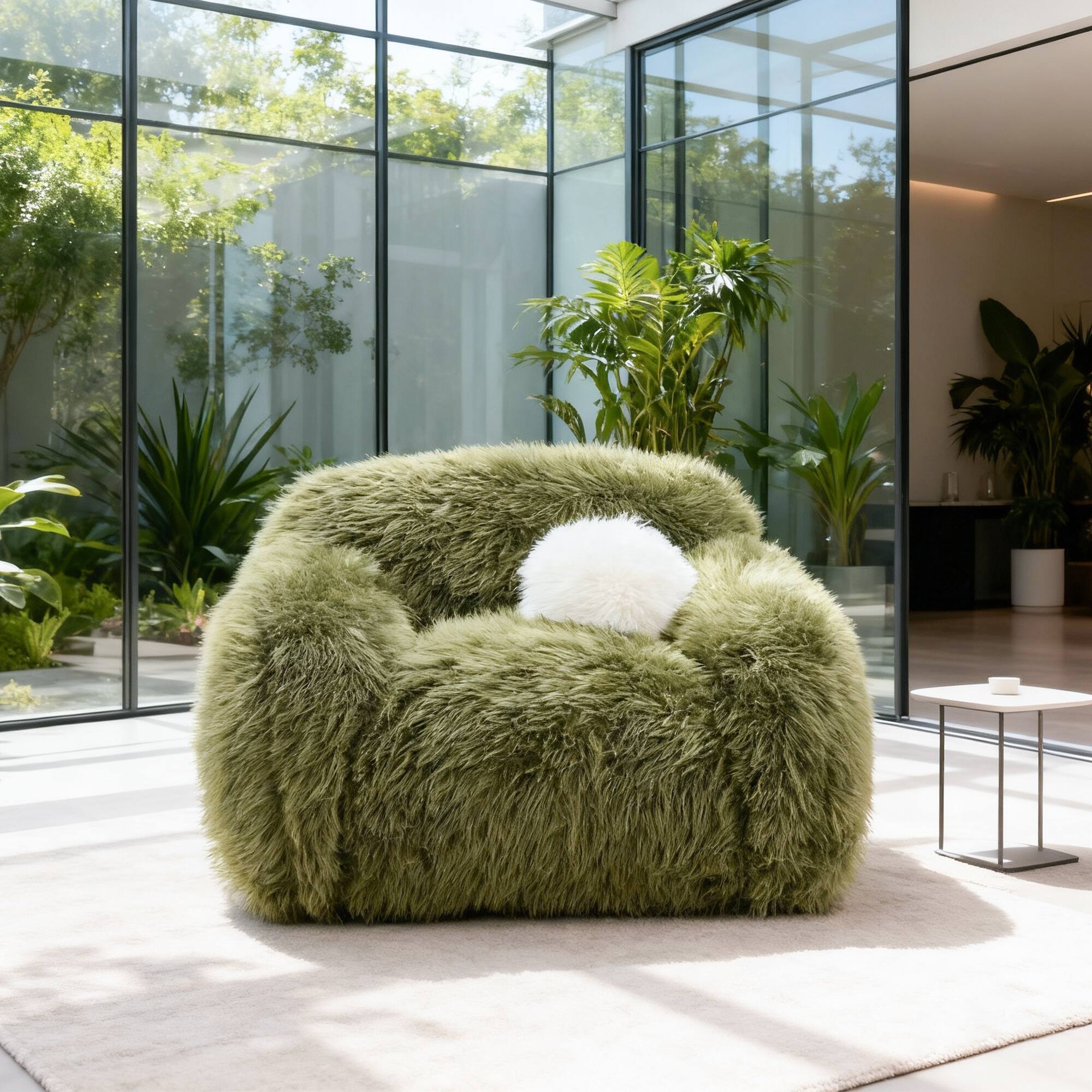 Back. Vaczon - Plush Faux Fur 360 Degree Swivel Chair with Soft Ball Pillow Comfortable Accent Chair for Living Room Bedroom or Lounge - Olive Green.