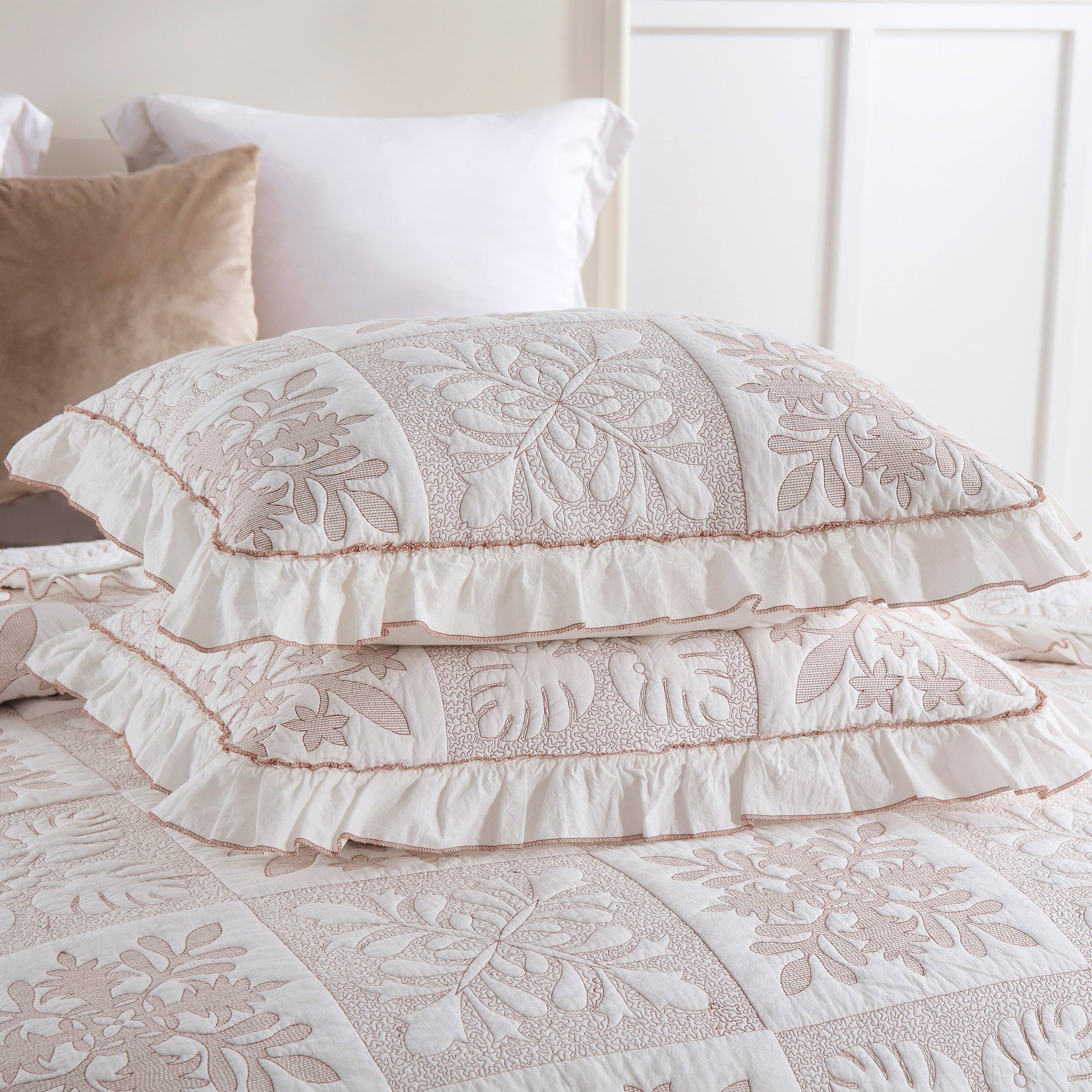 Left. MarCielo - MarCielo 3-Piece Patchwork Bedspread Set Cotton Coverlet Set Lightweight Quilt Set Ruffle - Beige.