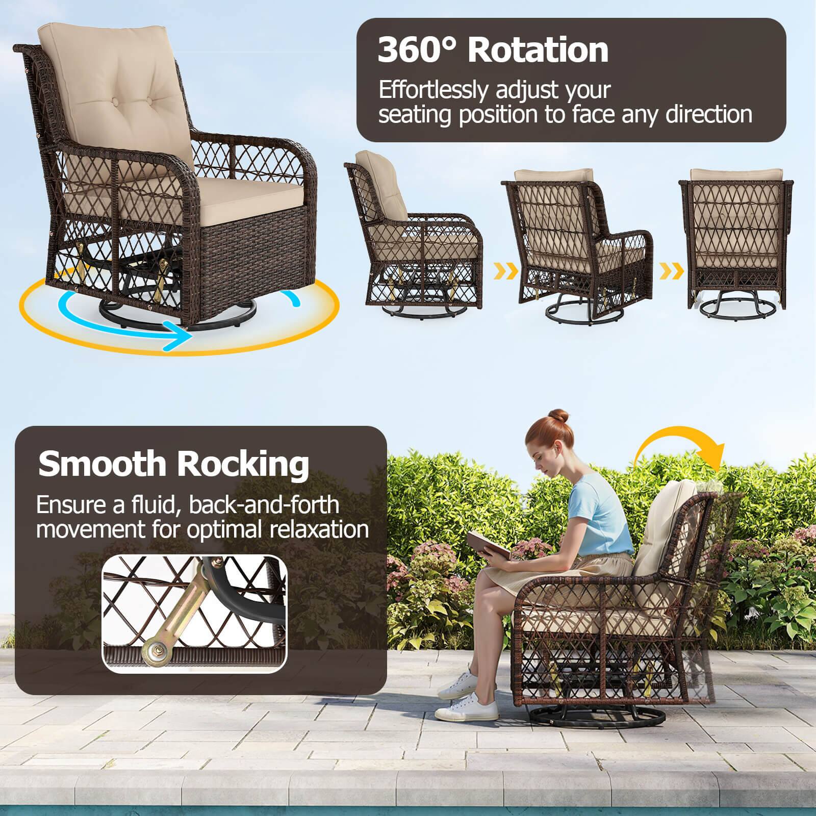 360 Rotation: Effortlessly adjust your seating position to face any direction.

Smooth Rocking: Ensure a fluid, back-and-forth movement for optimal relaxation.