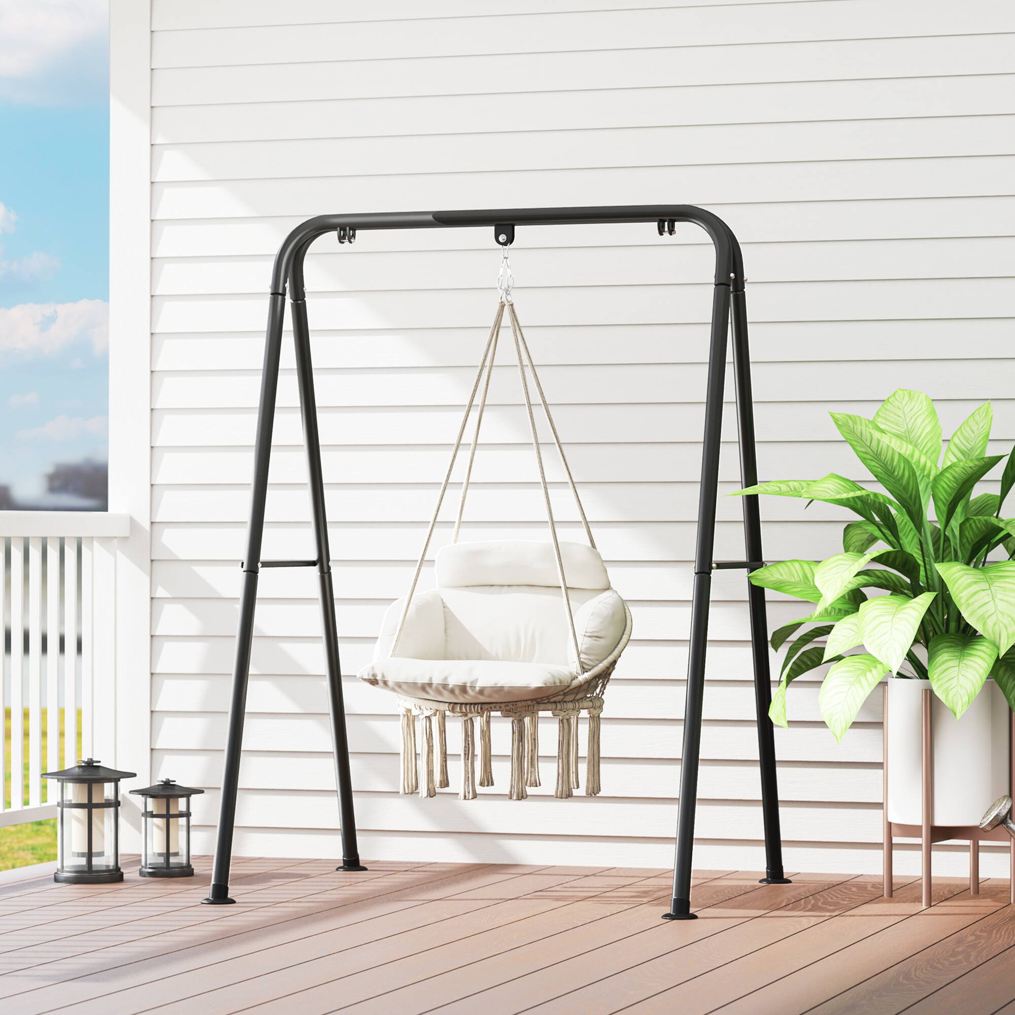 Alt View 8. Outsunny - Hammock Swing Chair, Outdoor Hanging Chair with Large Cushion, Cotton Rope Weaving Macrame Swing with Chain - Cream White.