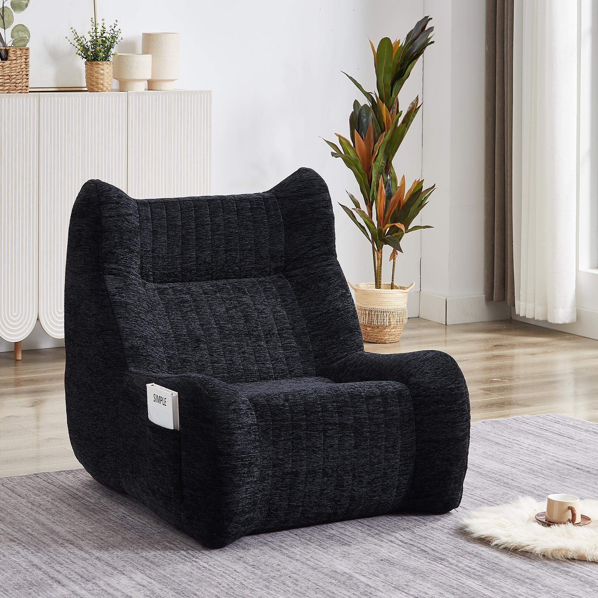 Back. Roomtec - Bean Bag Chair for Adults with Armrests Oversized Comfy Beanbag Lounge Lazy Floor Sofa Accent Chair for Living Room - Black.