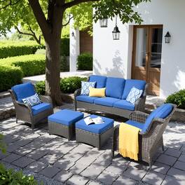 Ovios - 5 PCS Patio Furniture Sectional Sofa All Weather Wicker High Back Conversation Set with Ottoman - Navy Blue