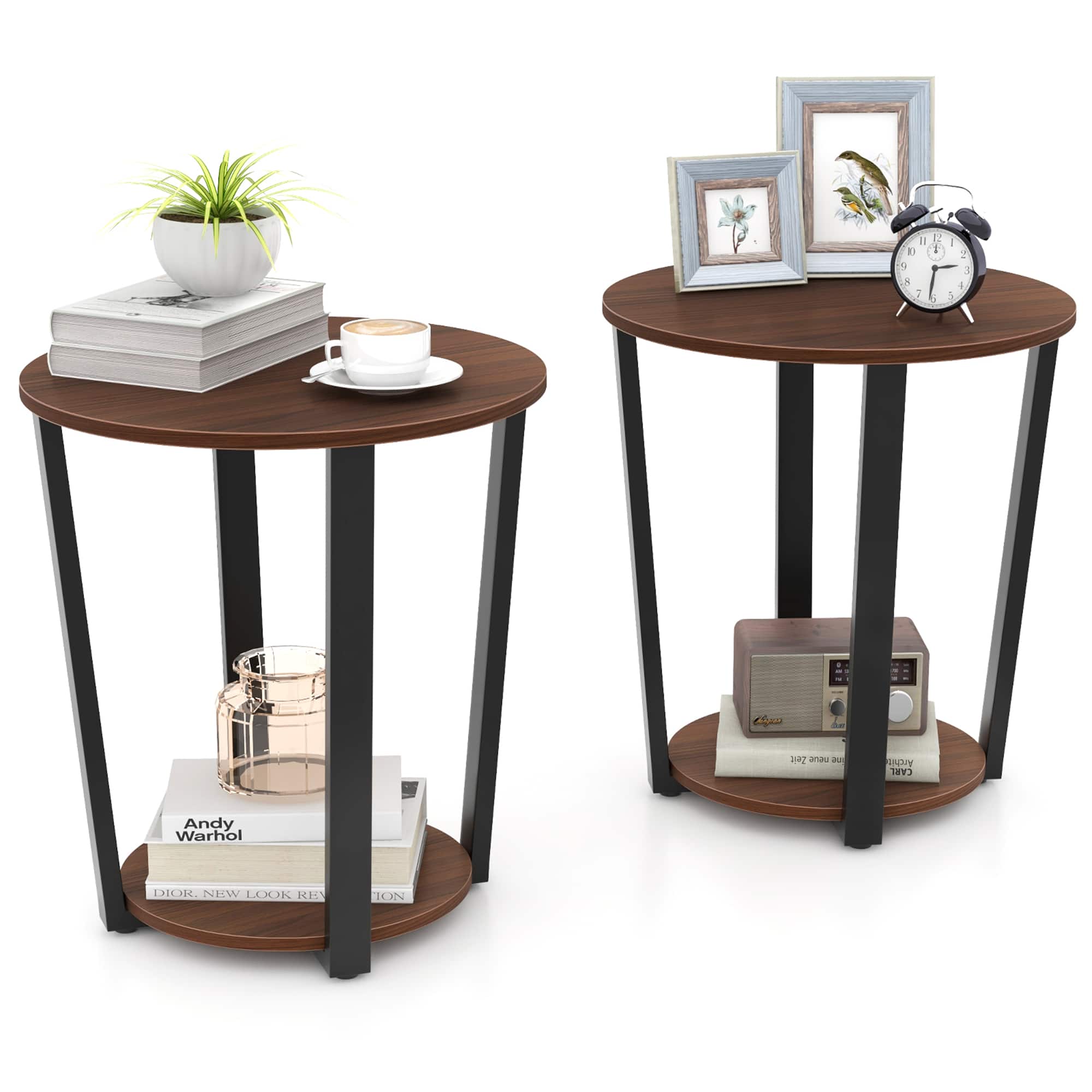 Gymax - Industrial End Table Sofa Side Table Set ot 2 Nightstand w/ Storage Shelf - Walnut