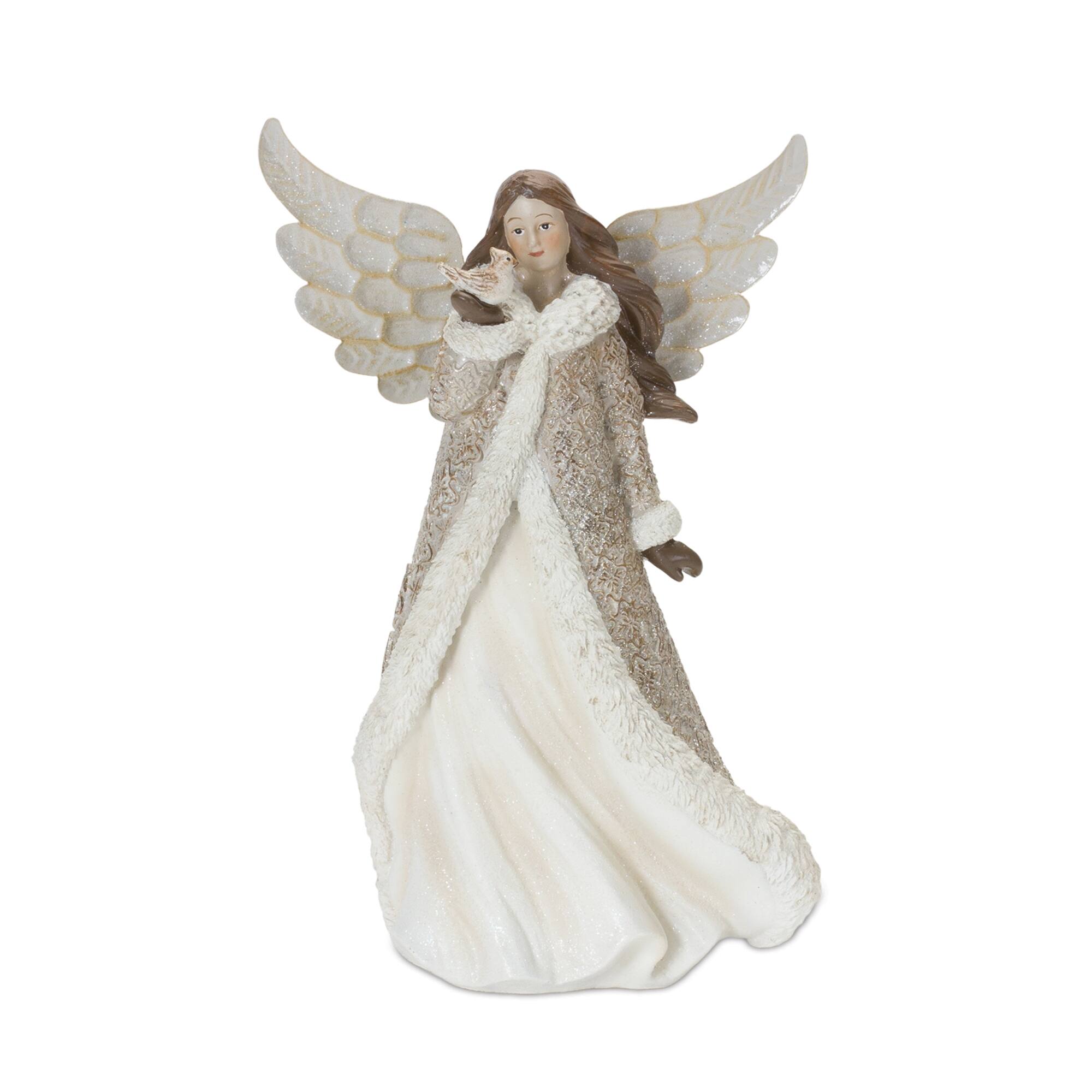 Angle. BreeBe - Winter Angel Figurine with Bird Accent (Set of 2) - Champagne, Brown.