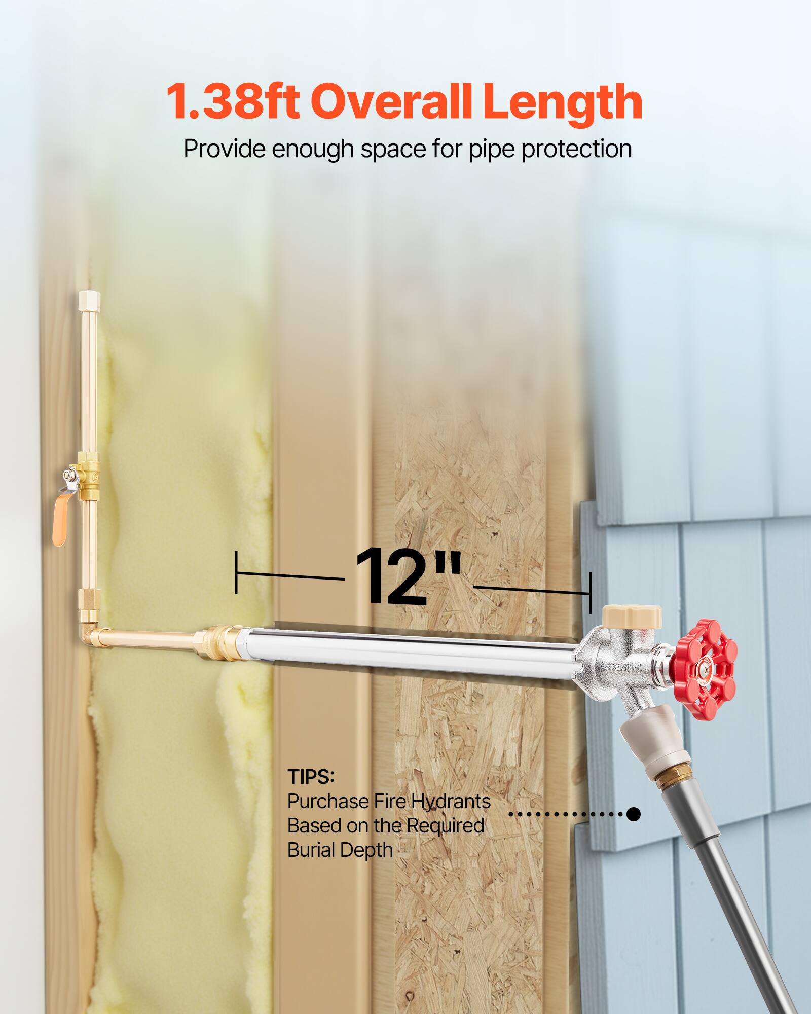 1.38ft Overall Length  
Provide enough space for pipe protection  

12"  

TIPS:  
Purchase Fire Hydrants Based on the Required Burial Depth