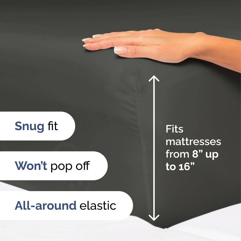 Snug fit  
Won't pop off  
Fits mattresses from 8" up to 16"  
All-around elastic
