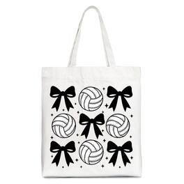 OrnamentallyYou - Coquette Volleyball Bows Canvas Tote Bag, Cute Athletic Sports Game Day Gift Shopper - White