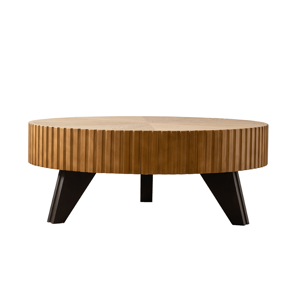 Alt View 4. Trinkets Crazed - Solid Round Coffee Table, Pedestal Design With Rustic Wood Grain | Space-Saving Accent Table - Natural.