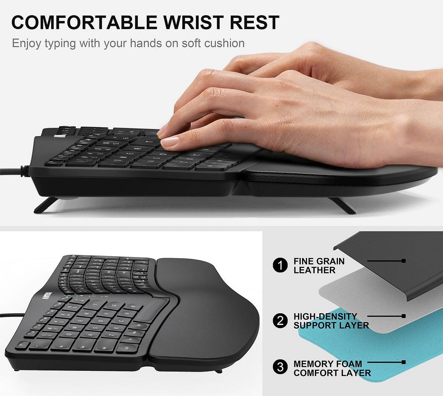 COMFORTABLE WRIST REST  
Enjoy typing with your hands on soft cushion

1. FINE GRAIN LEATHER
2. HIGH-DENSITY SUPPORT LAYER
3. MEMORY FOAM COMFORT LAYER