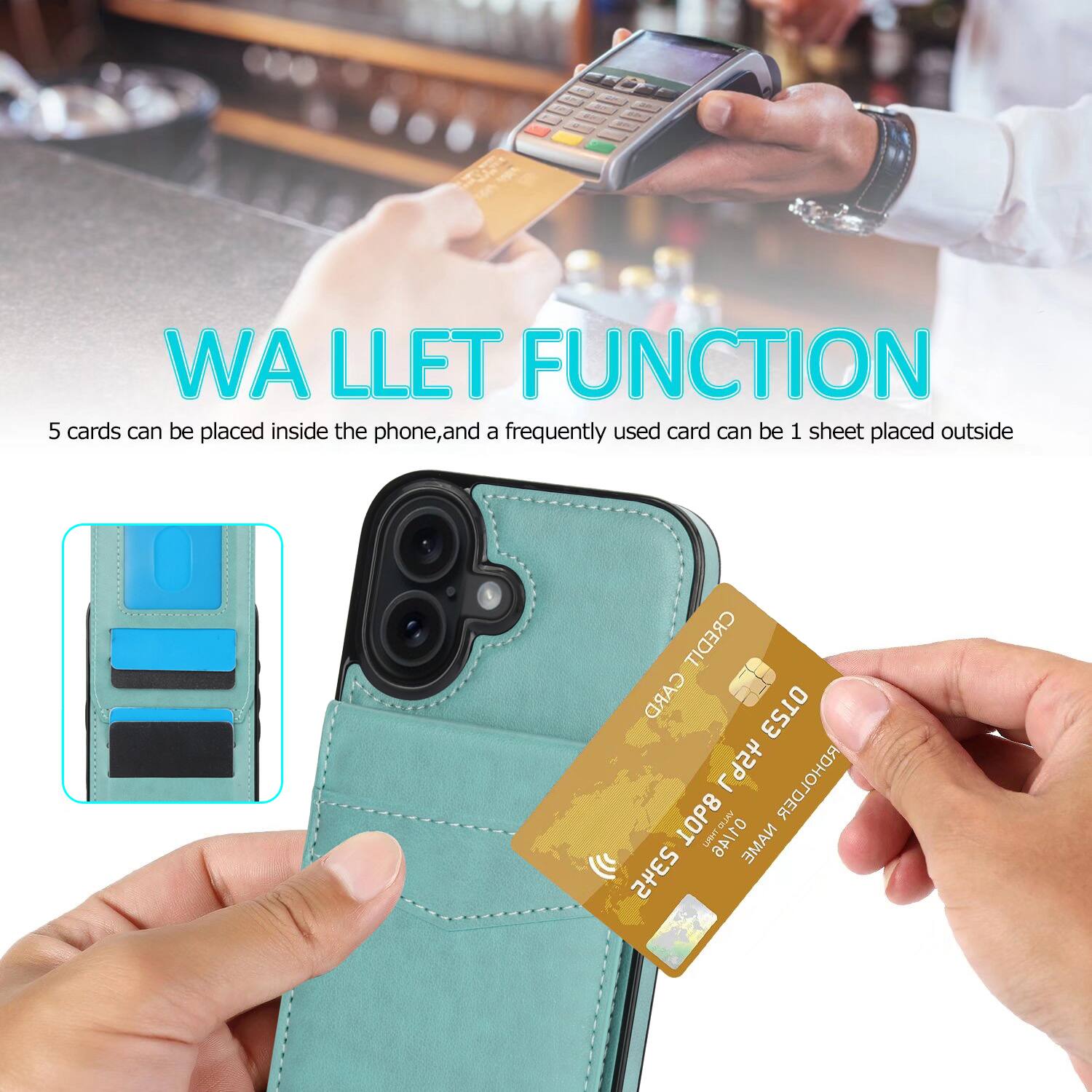 WA LLET FUNCTION  
5 cards can be placed inside the phone, and a frequently used card can be 1 sheet placed outside  
CREDIT CARD HOLDER  
ANTID NAME