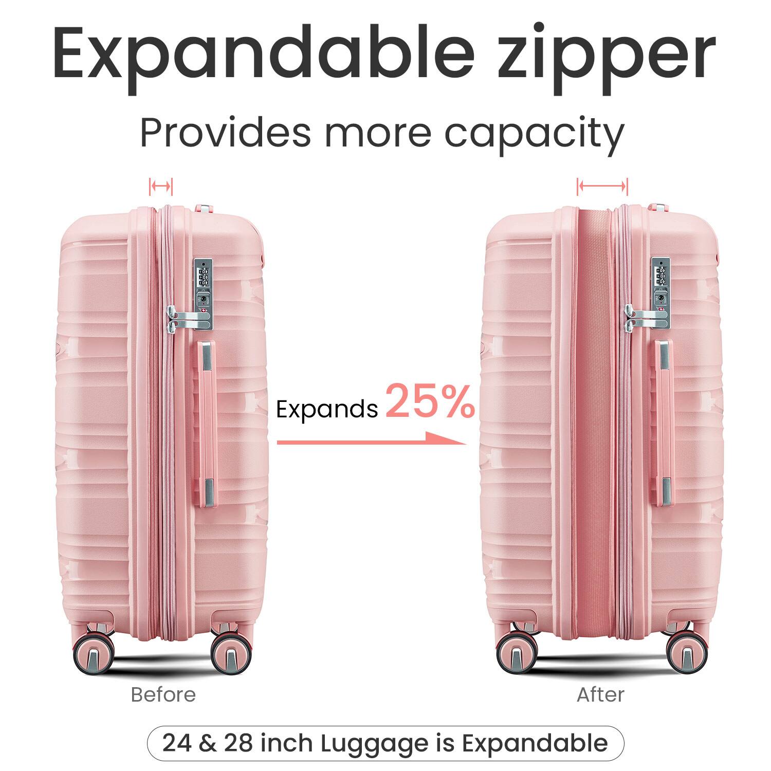 Expandable zipper  
Provides more capacity  

Expands 25%  

Before  
After  

24 & 28 inch Luggage is Expandable