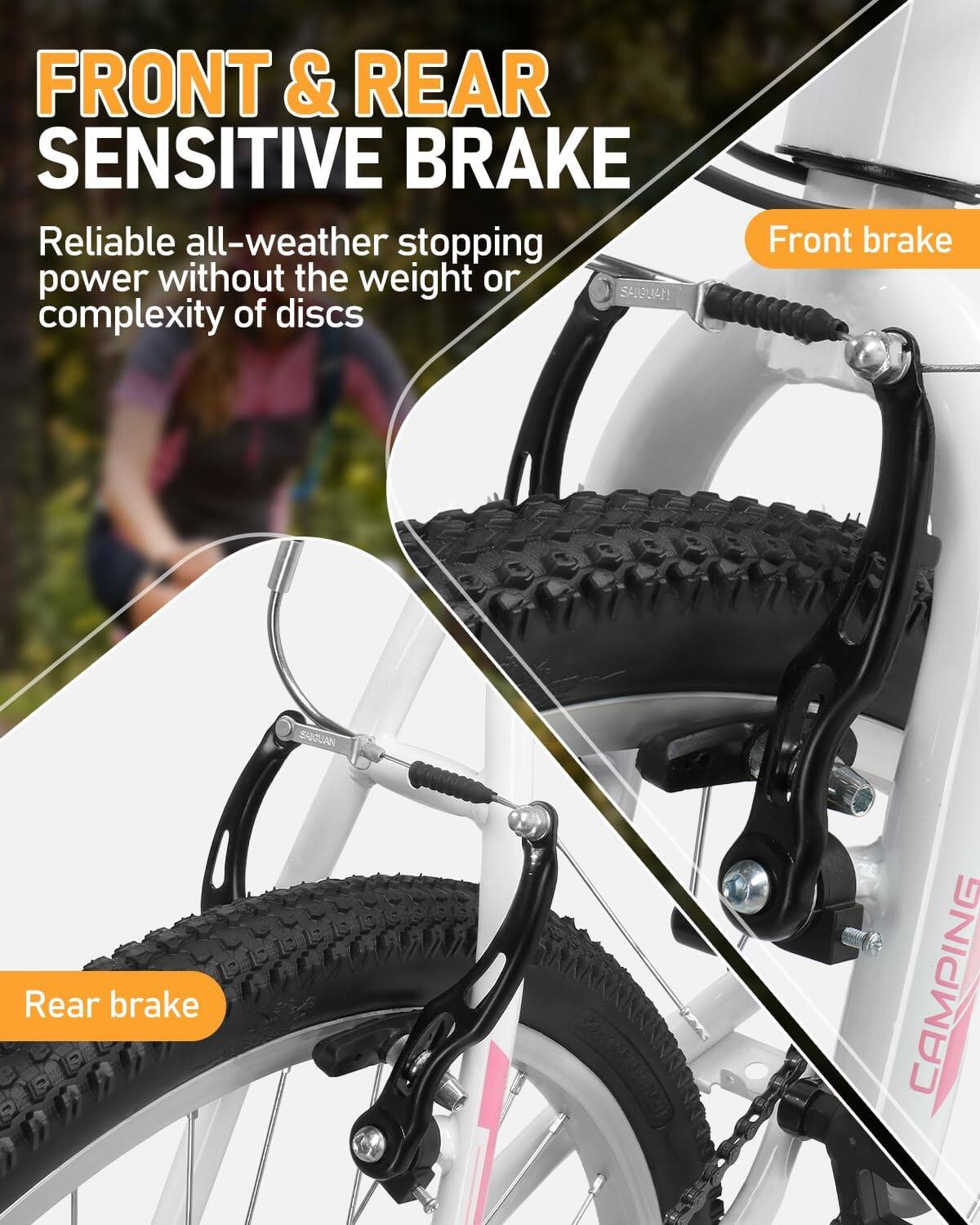 FRONT & REAR SENSITIVE BRAKE  
Reliable all-weather stopping power without the weight or complexity of discs  

Front brake  
Rear brake  

CAMPING