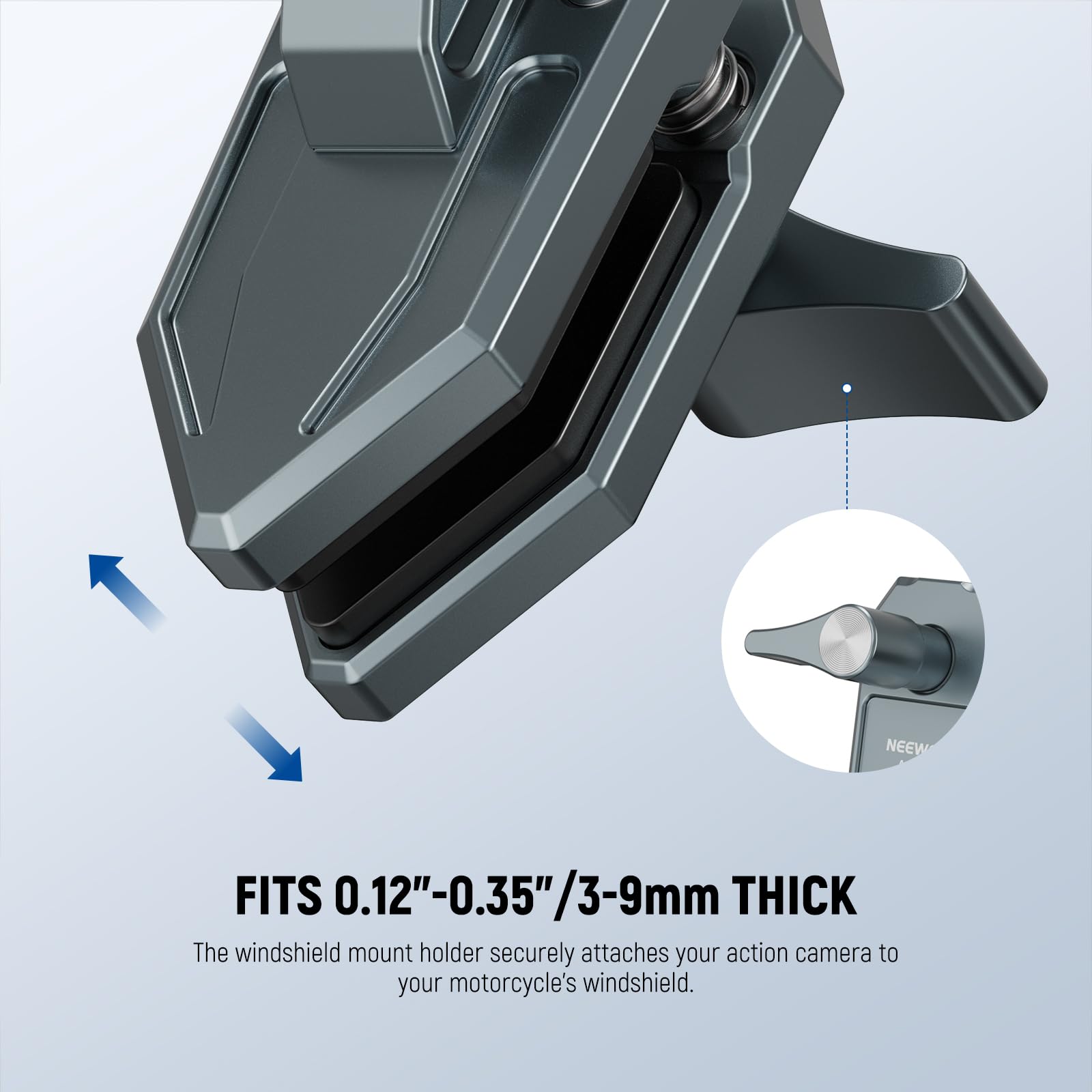FITS 0.12"-0.35"/3-9mm THICK

The windshield mount holder securely attaches your action camera to your motorcycle's windshield.