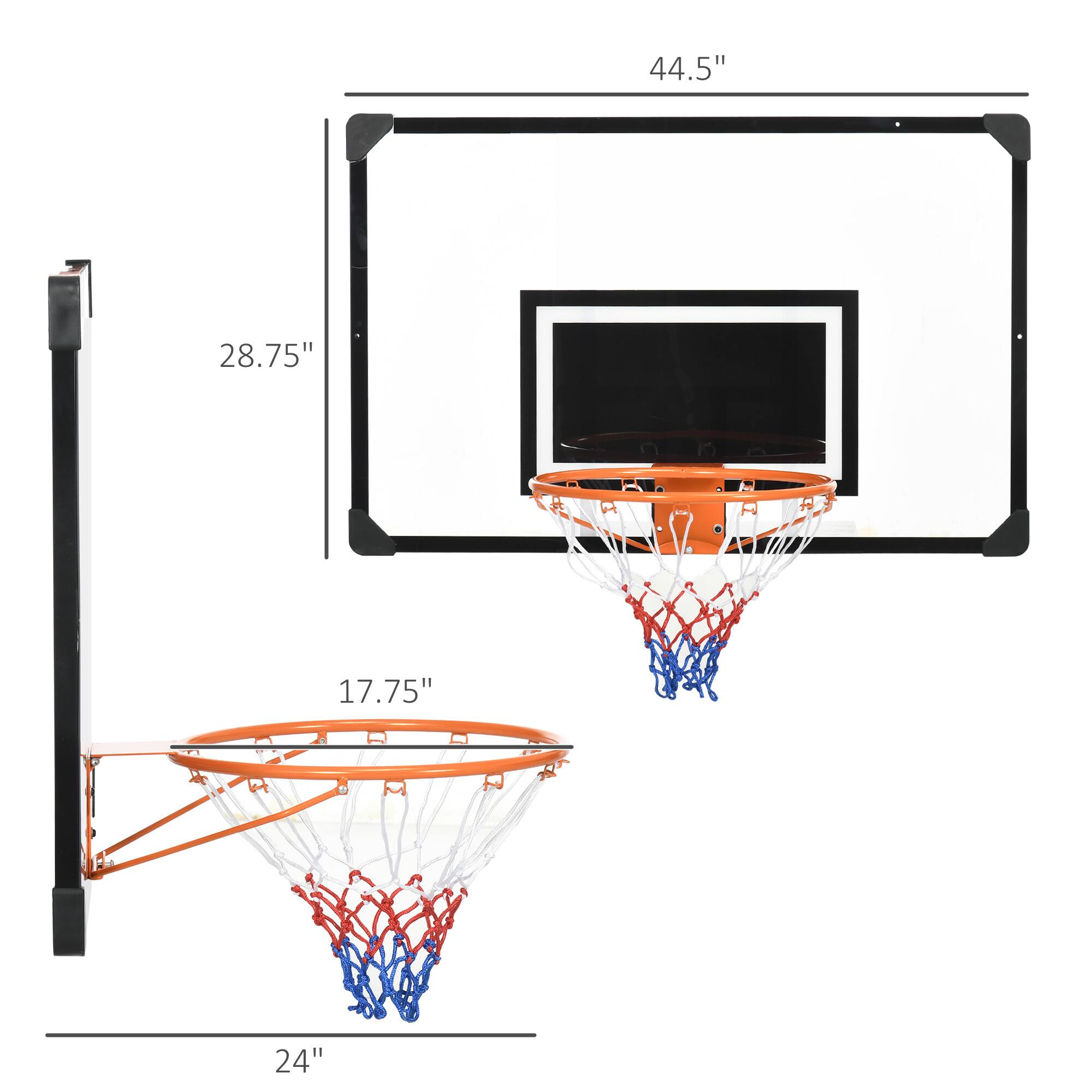 The dimensions of the basketball hoop are as follows:

- Height: 44.5 inches
- Width: 28.75 inches
- Depth: 17.75 inches
- Net diameter: 24 inches