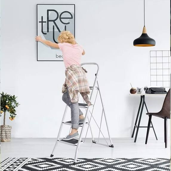 Back. FED Fitness - 4 Step Ladder, Folding Step Stool with Extra Wide Anti-Slip Pedal, 350lbs Lightweight Portable Sturdy Steel Ladders - White.