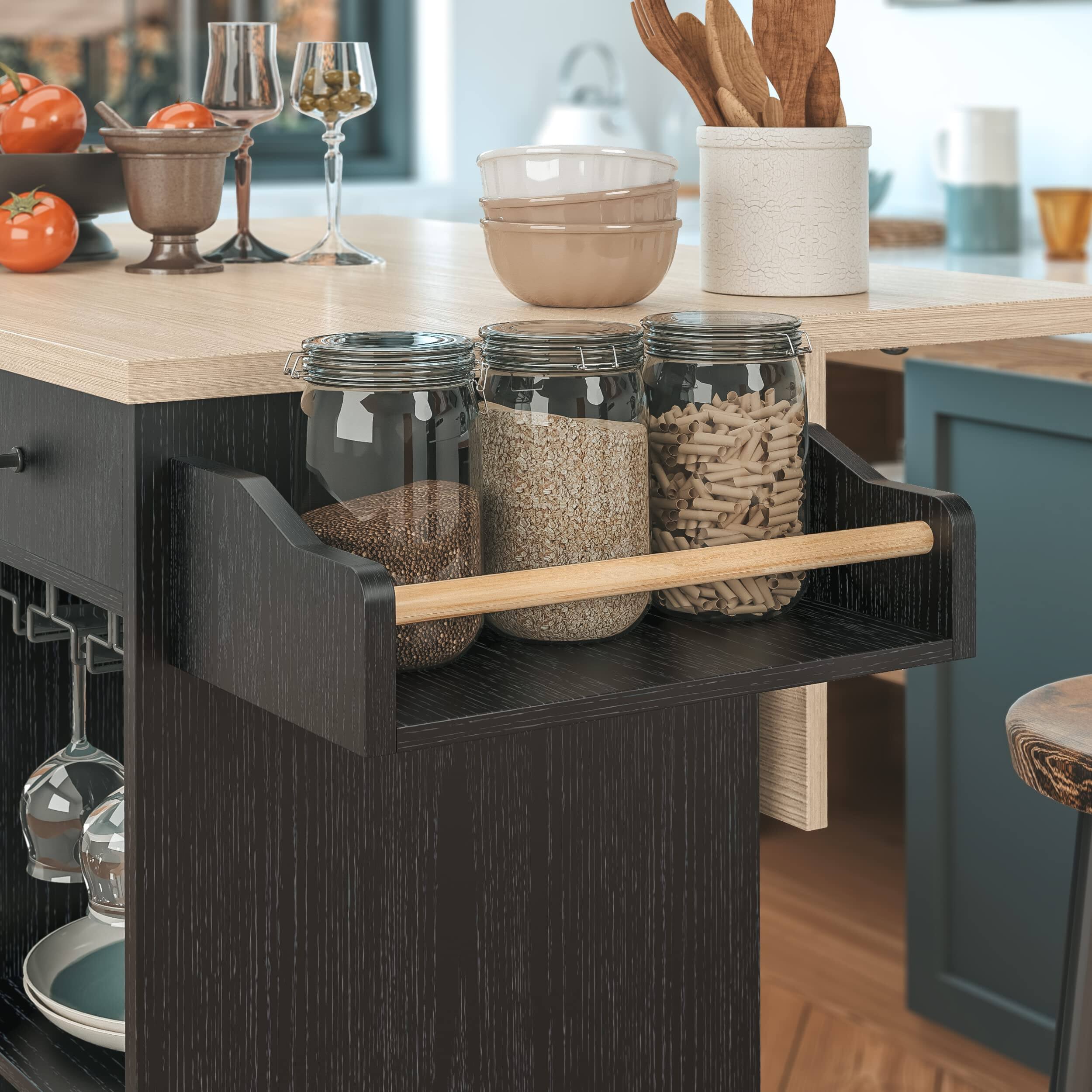 Alt View 5. JETRANSPORT - Rolling Kitchen Island Cart With Drop-leaf And Wine Rack Microwave Serving On Wheels Drawer & Shelves - Black.