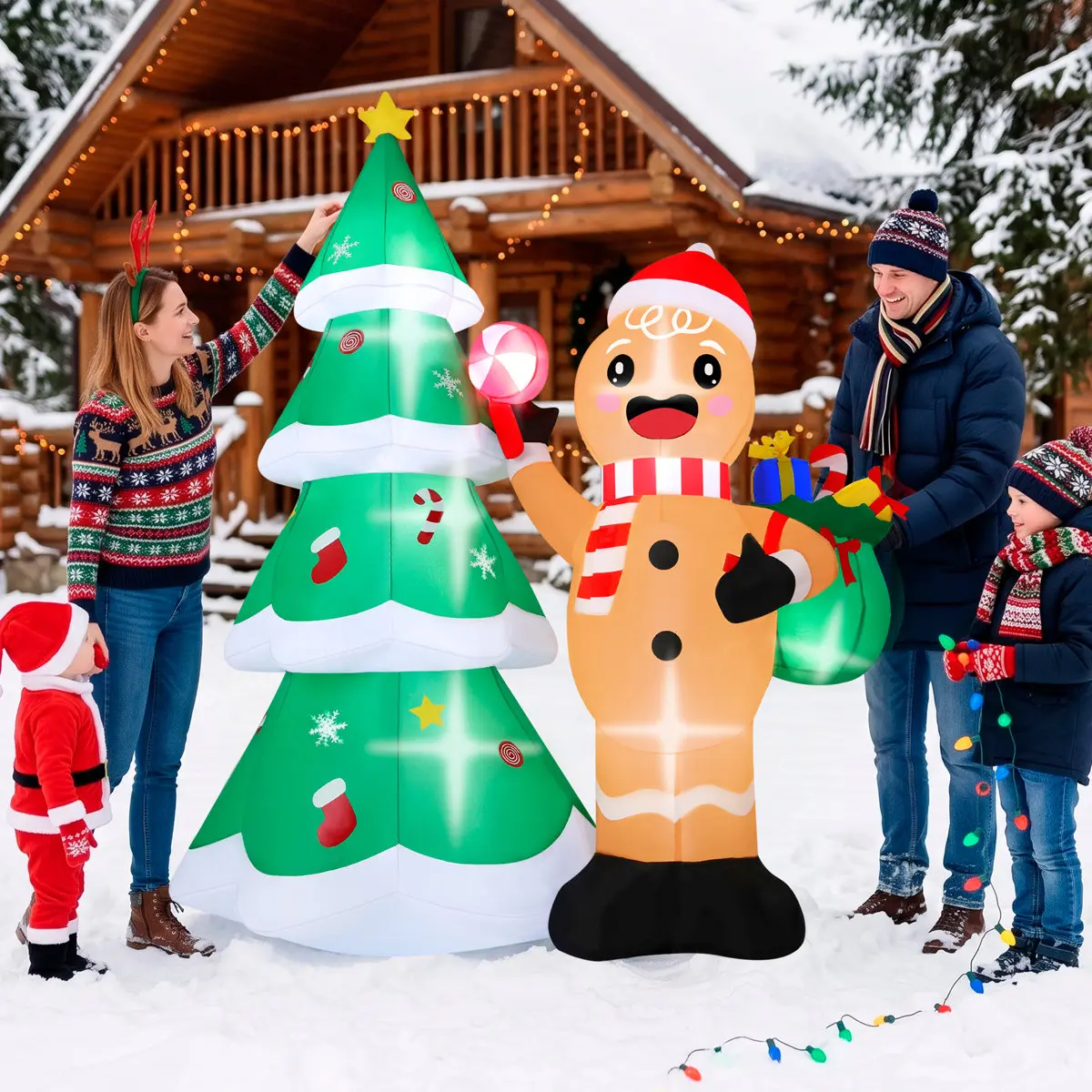 Alt View 1. Wisairt - 6FT Christmas Inflatable Gingerbread Man and Christmas tree Outdoor Yard Decoration with Built-in LED lihgts - Green|White|Red.
