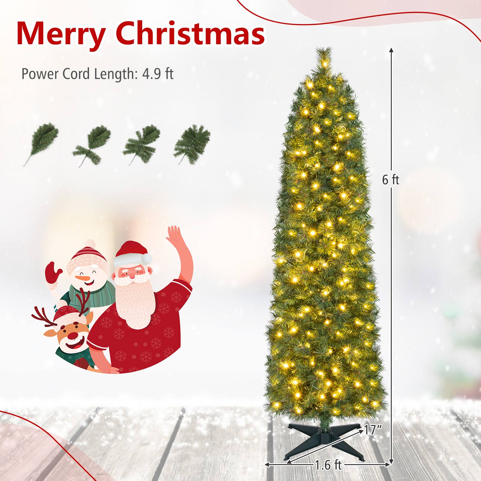 Costway 6 FT Slim Pencil Christmas Tree with 346 Full Branch Tips 150 ...
