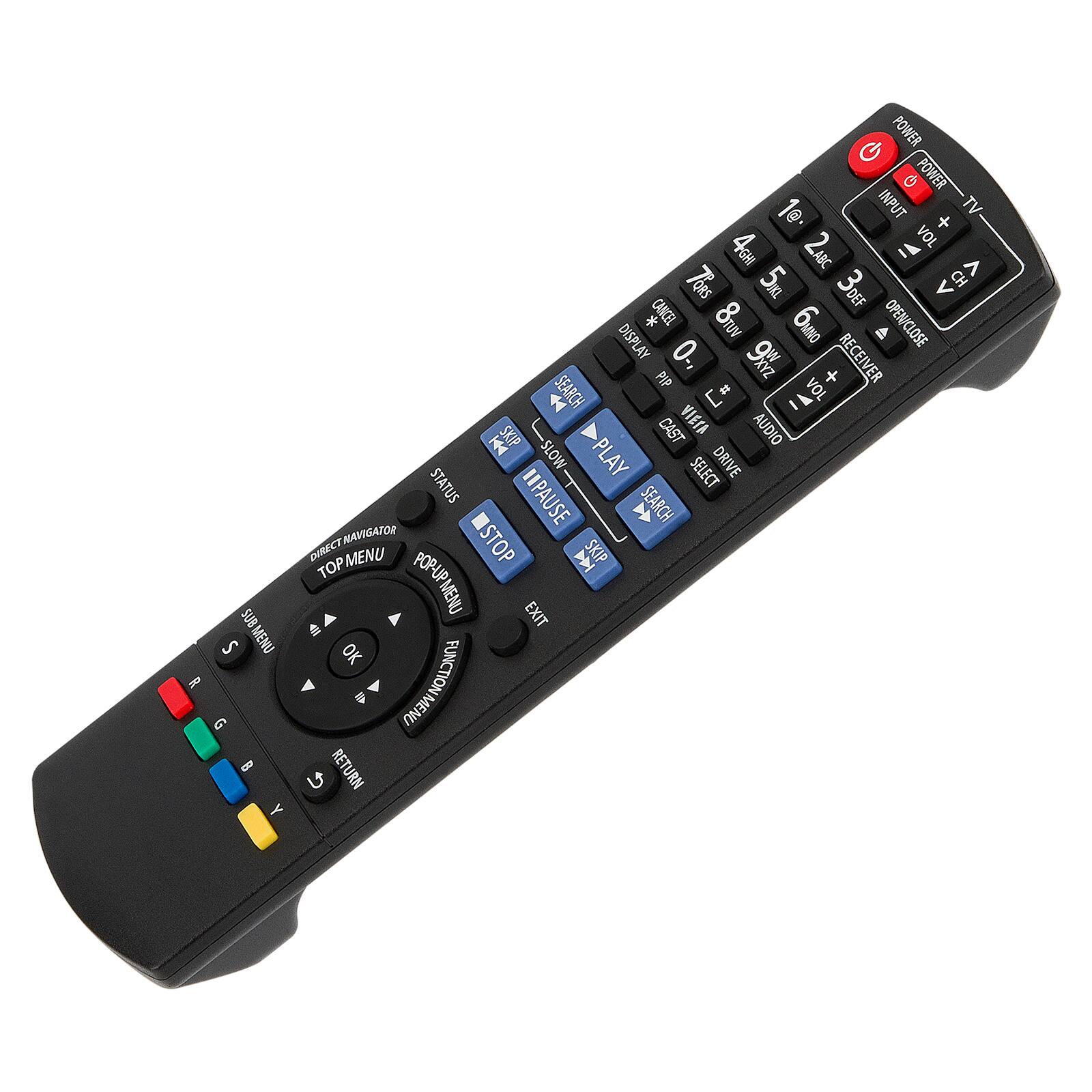 Sure, here is the corrected and grouped text from the image:

**Top Section:**
- POWER
- G POWER
- INPUT
- TV
- 1
- 2
- 3
- 4
- 5
- 6
- 7
- 8
- 9
- 0
- 0.
- VOL +
- VOL -
- MUTE
- OPEN/CLOSE
- RECEIVER
- PIP
- SEARCH
- CANCEL
- DISPLAY
- SKIP
- CAST
- VIBIA
- AUDIO
- SLOW
- PLAY
- PAUSE
- STOP
- NAVIGATOR
- SEARCH
- SKIP
- TOP MENU
- EXIT
- OK
- FUNCTION MENU
- MENU
- RETURN

**Bottom Section:**
- SUB MENU
- 20 G - Y
- R
- G
- B
- Y
- TOP MENU
- POPUP MENU
- EXIT
- FUNCTION MENU
- OK
- RETURN