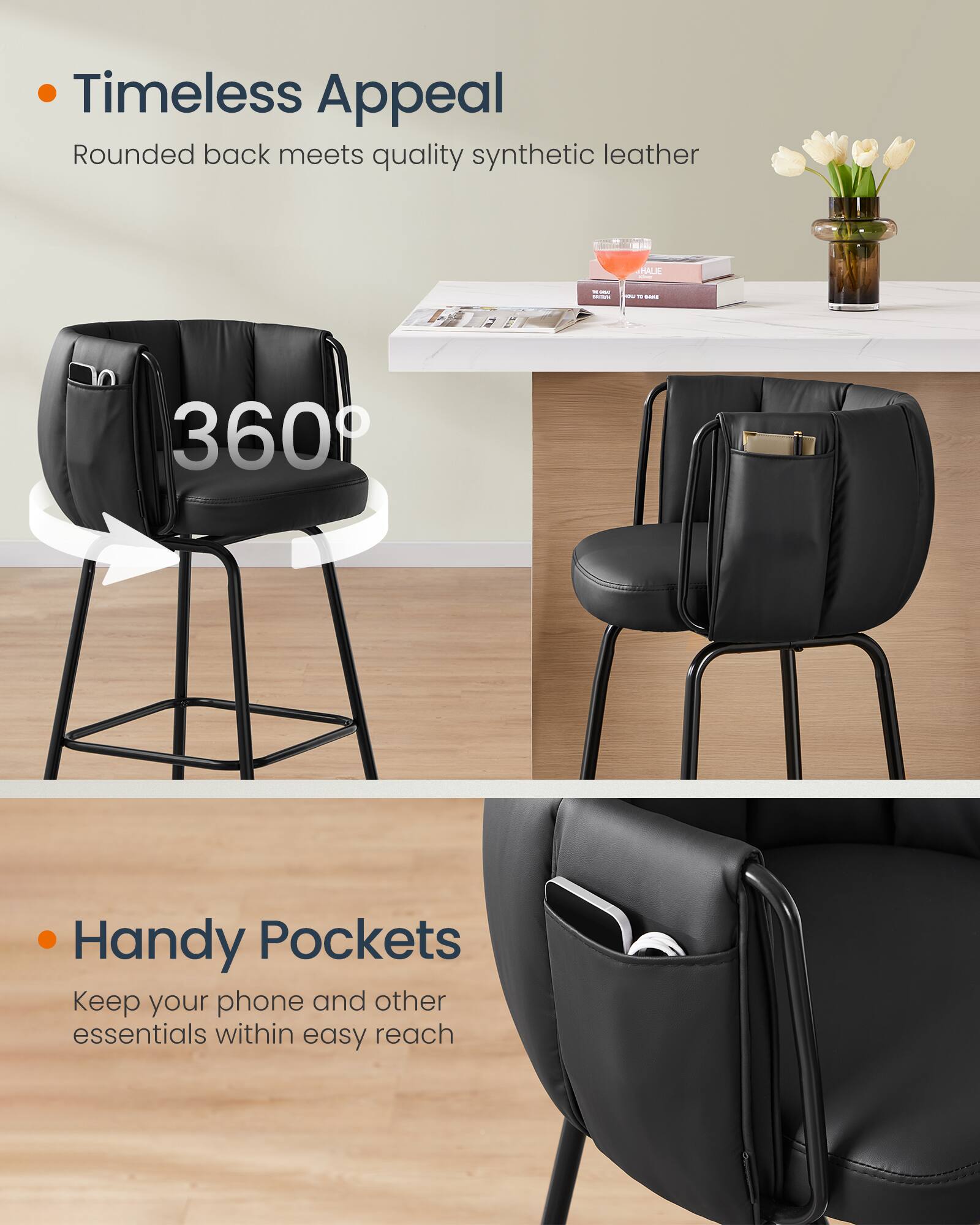 - Timeless Appeal  
  Rounded back meets quality synthetic leather

- 360°

- Handy Pockets  
  Keep your phone and other essentials within easy reach