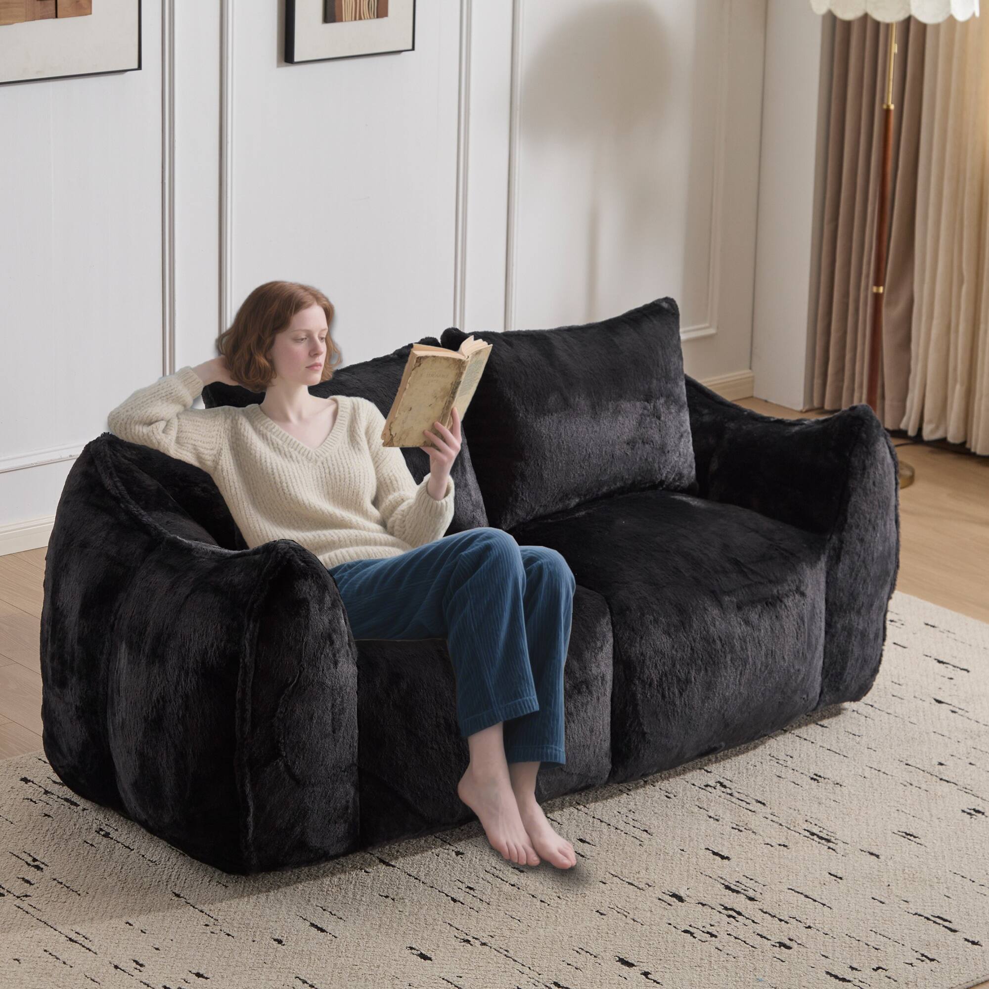 Left. Boyel Living - Oversized 2-Person Foam-Filled Bean Bag Sofa with Pillows - Black.