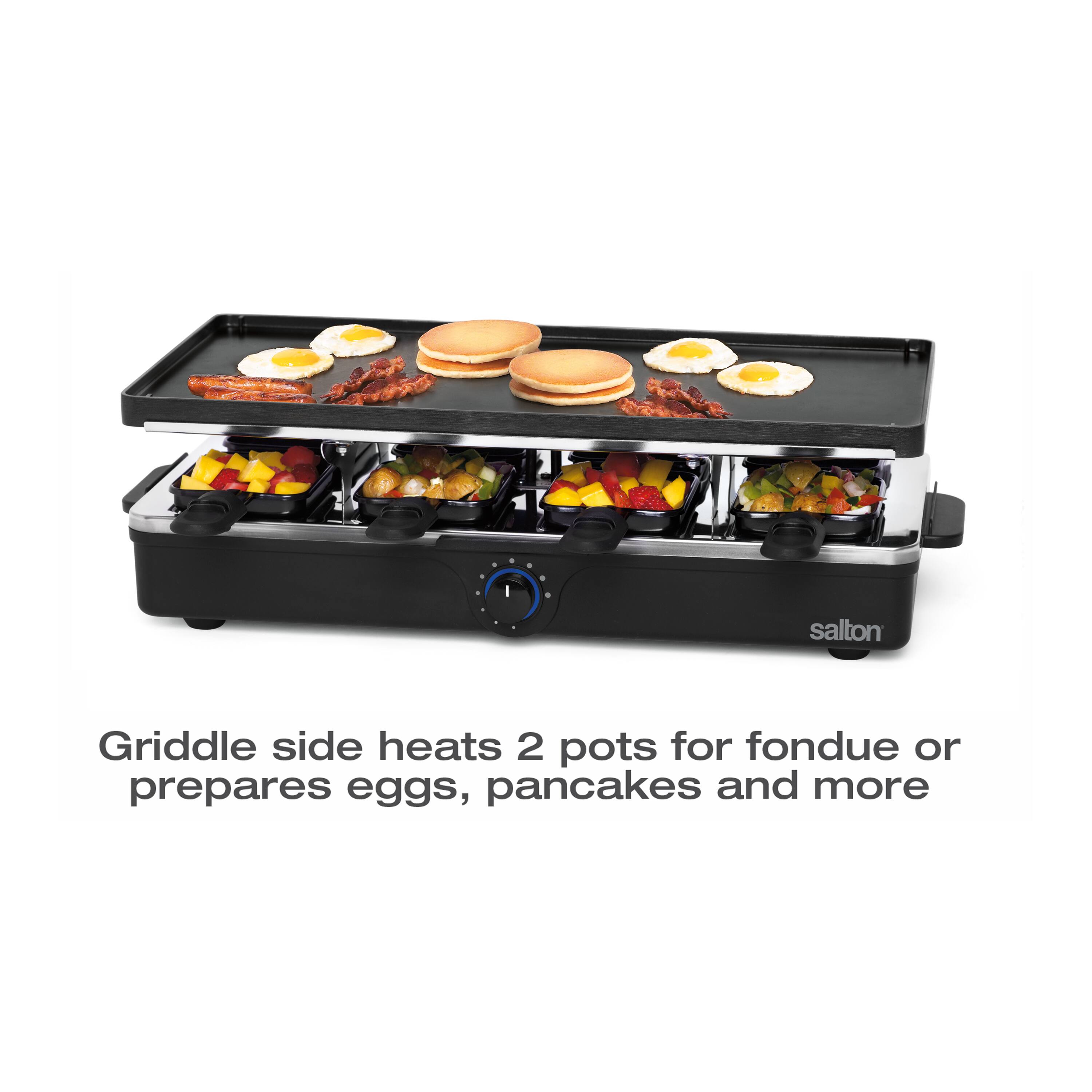 Griddle side heats 2 pots for fondue or prepares eggs, pancakes and more