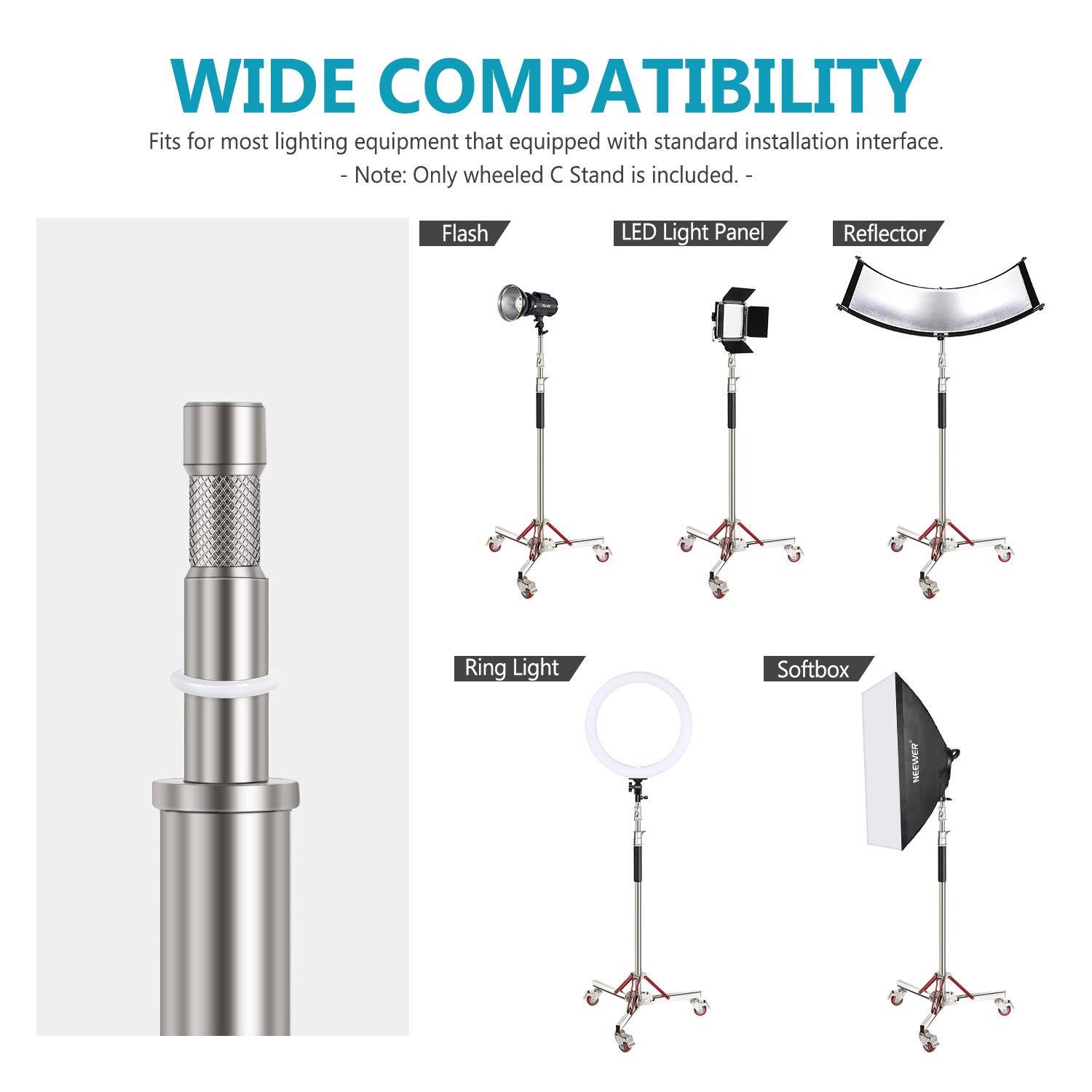 WIDE COMPATIBILITY  
Fits for most lighting equipment that equipped with standard installation interface.  
- Note: Only wheeled C Stand is included.  

Flash  
LED Light Panel  
Reflector  
Ring Light  
Softbox