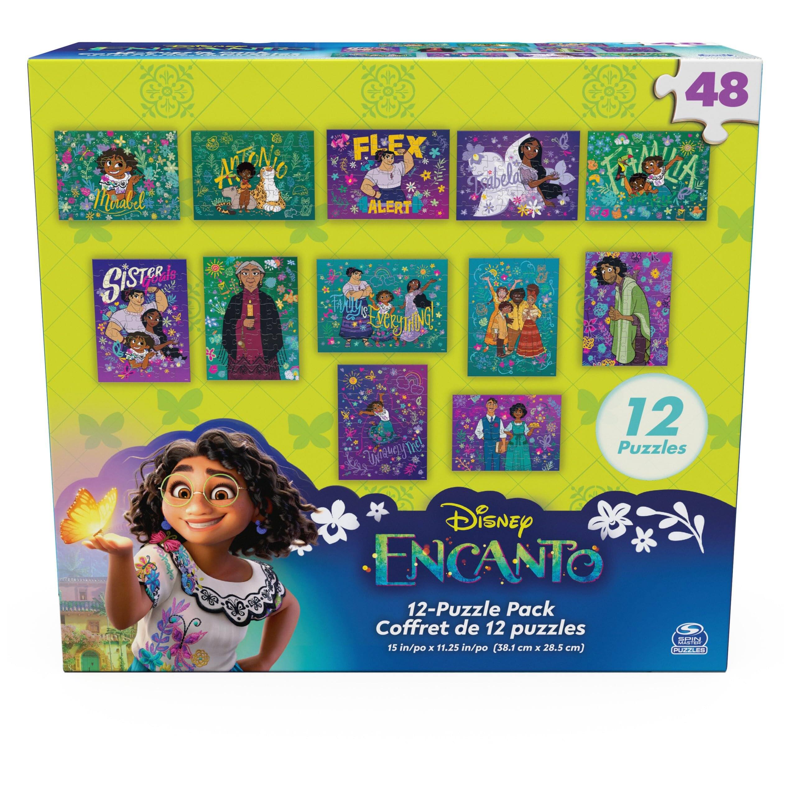 Disney Encanto 12-Puzzle Pack  
Coffret de 12 puzzles  
15 in/po x 11.25 in/po (38.1 cm x 28.5 cm)  

Characters included:  
- Mirabel  
- Antonio  
- Felix  
- Isabela  
- Luis  
- Julieta  
- Abuela Alma  
- Pedro  
- Carolina  
- Bruno  
- Mirabel (again)  
- Abuela Alma (again)  

48 pieces per puzzle  
12 Puzzles