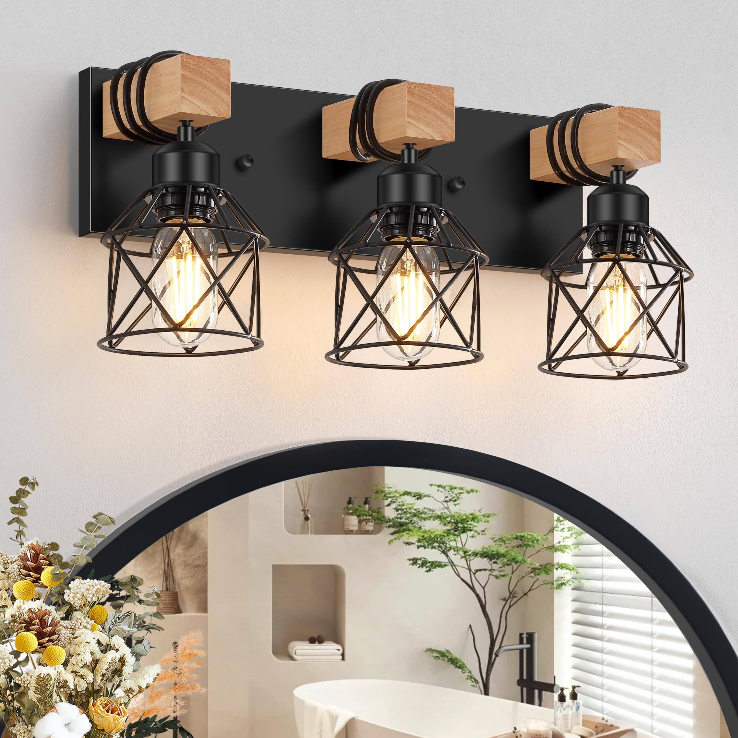 Earthley Blooms - 3-light Farmhouse Vanity Light For Bathroom Wood Fixtures Over Mirror Industrial With Metal Lampshade Bed - Black-6-Lights