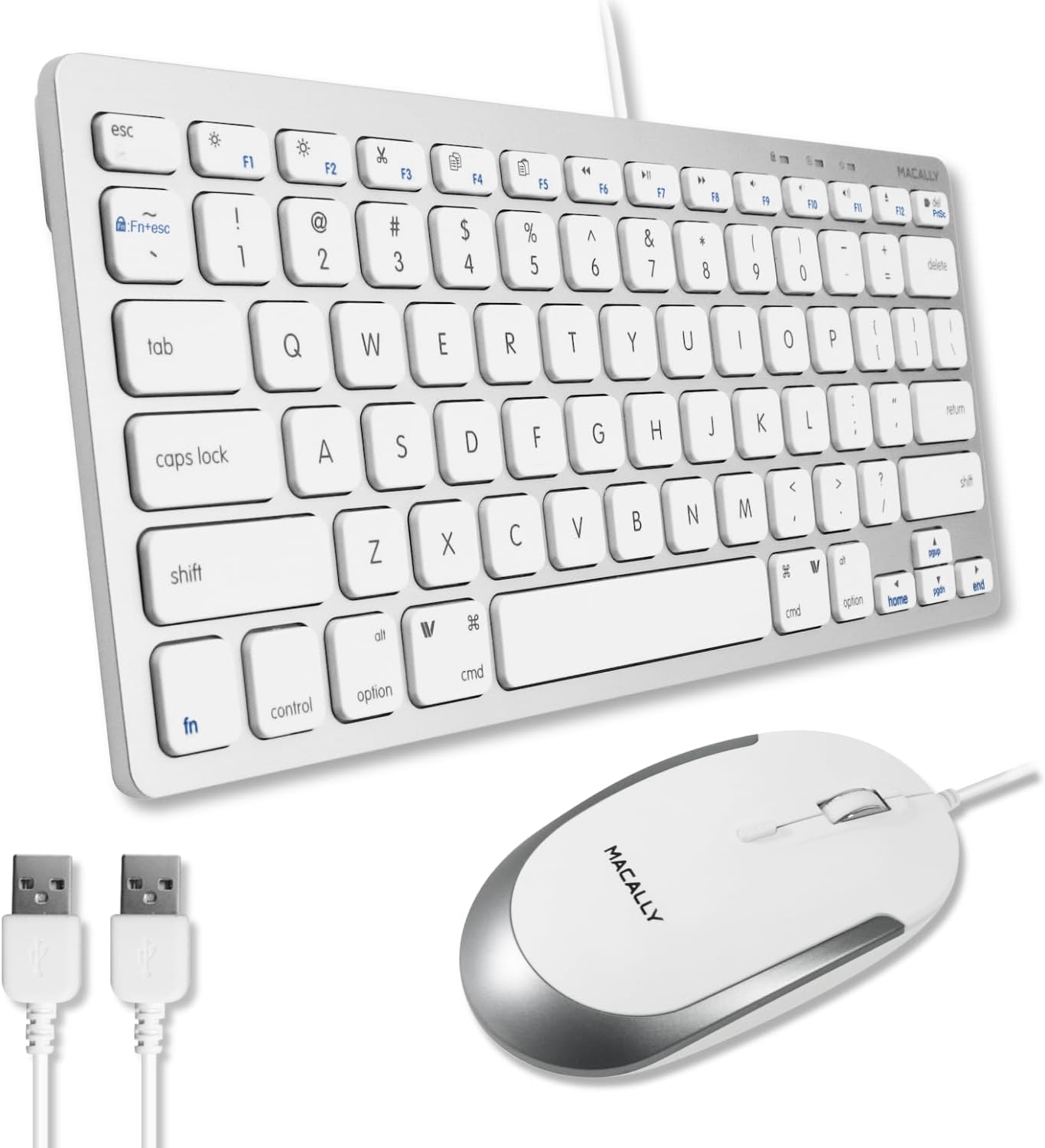 Macally - USB Wired Keyboard and Mouse Combo for Mac and PC - Compact Small Apple Keyboard and Mouse - Silver
