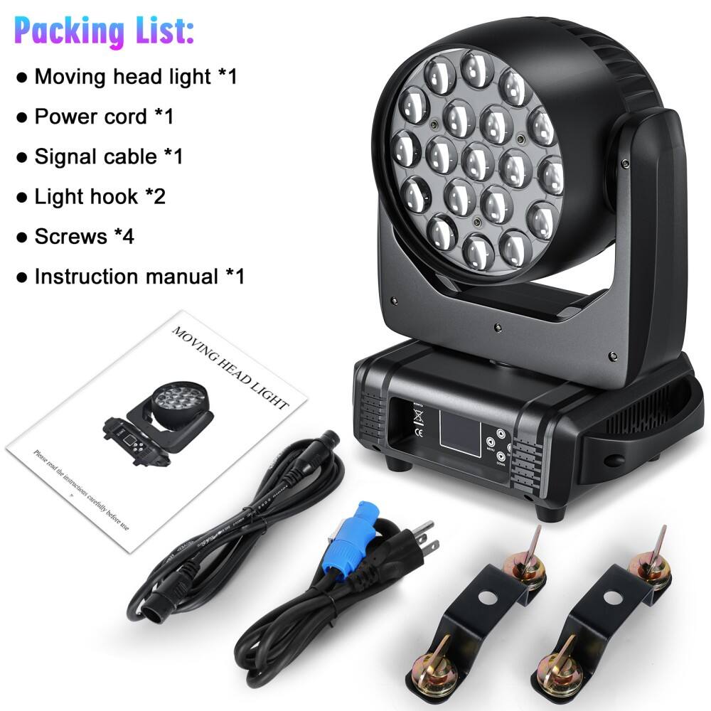 Packing List:
- Moving head light *1
- Power cord *1
- Signal cable *1
- Light hook *2
- Screws *4
- Instruction manual *1

Please read the instruction manual carefully before using the MOVING HEAD LIGHT.