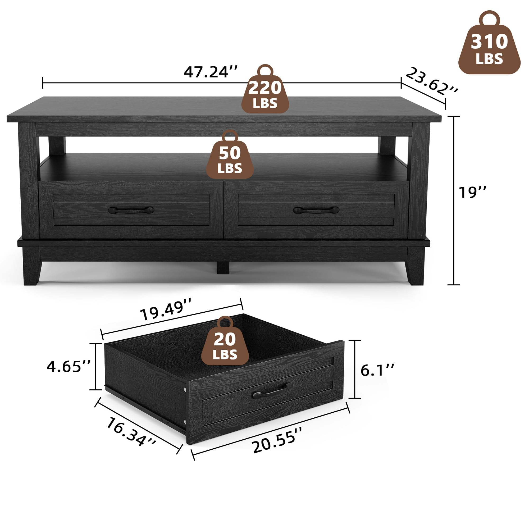 47.24" x 23.62" x 19"  
220 LBS  
50 LBS  
19.49" x 20.55" x 6.1"  
20 LBS  
310 LBS