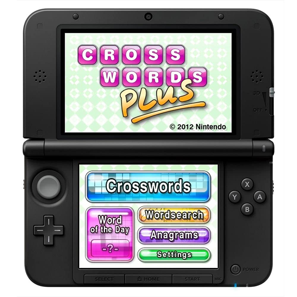 CROSS WORDS PLUS  
© 2012 Nintendo  

Crosswords  
Wordsearch  
Anagrams  
Word of the Day  
Settings  

3D OFF