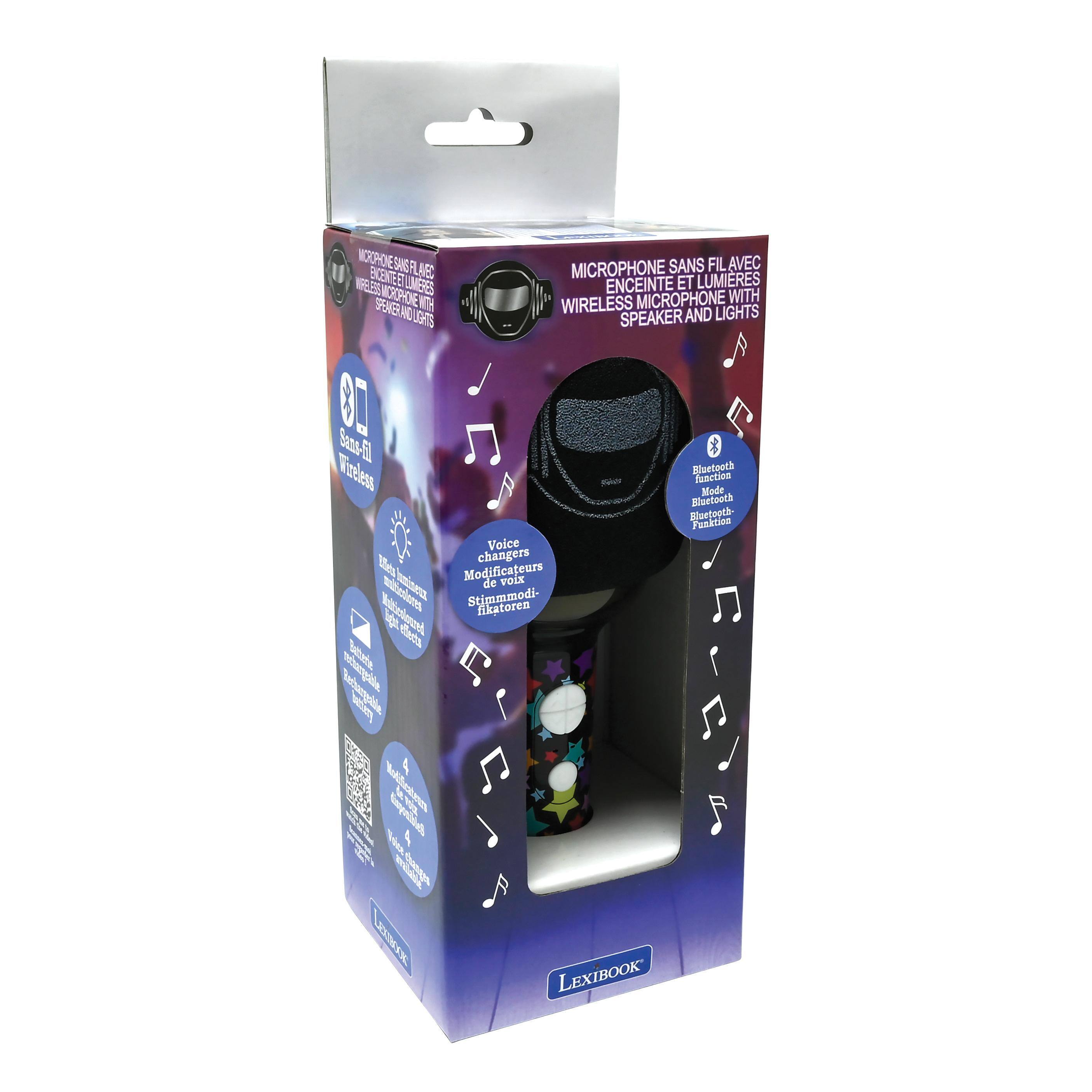 MICROPHONE SANS FIL AVEC ENCEINTE ET LUMIERES  
MICROPHONE WITH WIRELESS SPEAKER AND LIGHTS  

- Sans-fil  
- Bluetooth Mode  
- Voice changers  
- Modificateurs de voix  
- Stimmodi  
- fikatoren  

LexiBook