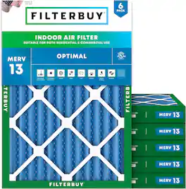 Filterbuy - 20x22x2 MERV 13 Smoke & Allergy Defense, Electrostatic Pleated HVAC AC Furnace Air Filters Replacement (6-Pack) - Blue