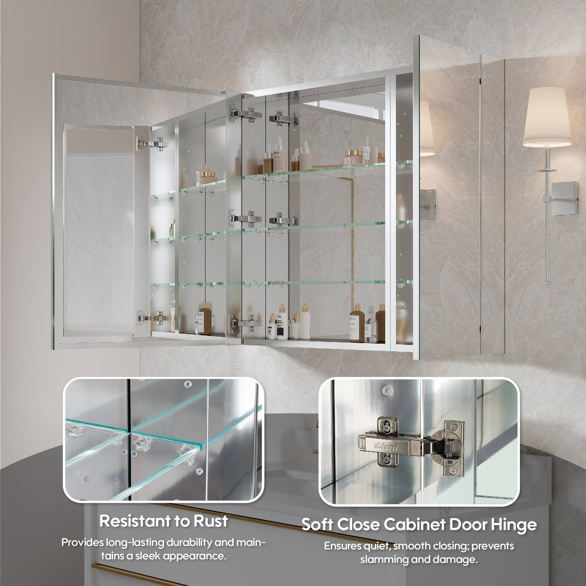 Resistant to Rust  
Provides long-lasting durability and maintains a sleek appearance.  

Soft Close Cabinet Door Hinge  
Ensures quiet, smooth closing; prevents slamming and damage.