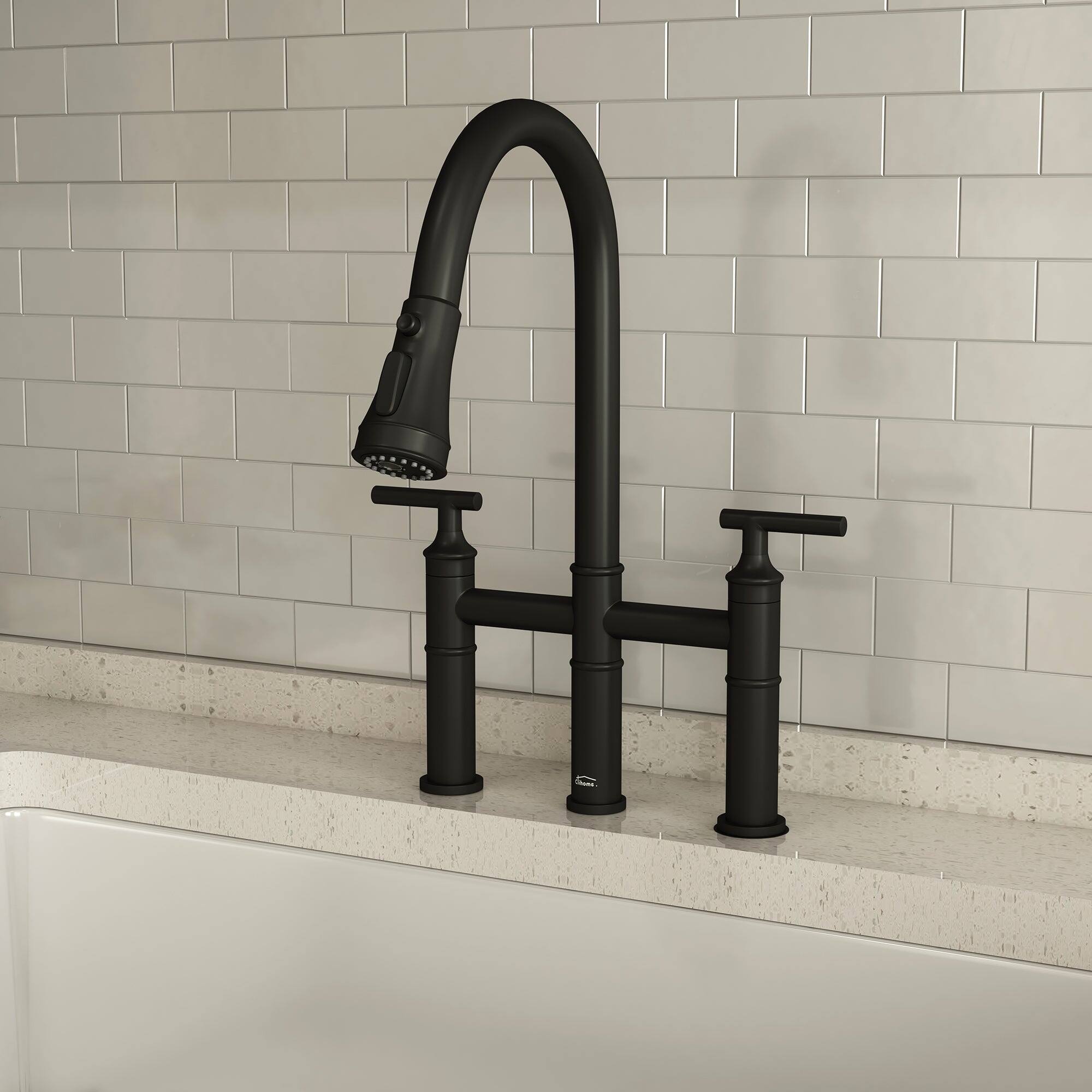Alt View 9. Boyel Living - Double Handle Bridge Pull-Down Kitchen Faucet with 3-Spray Patterns and 360 Degrees Rotation Spout - Matte Black.