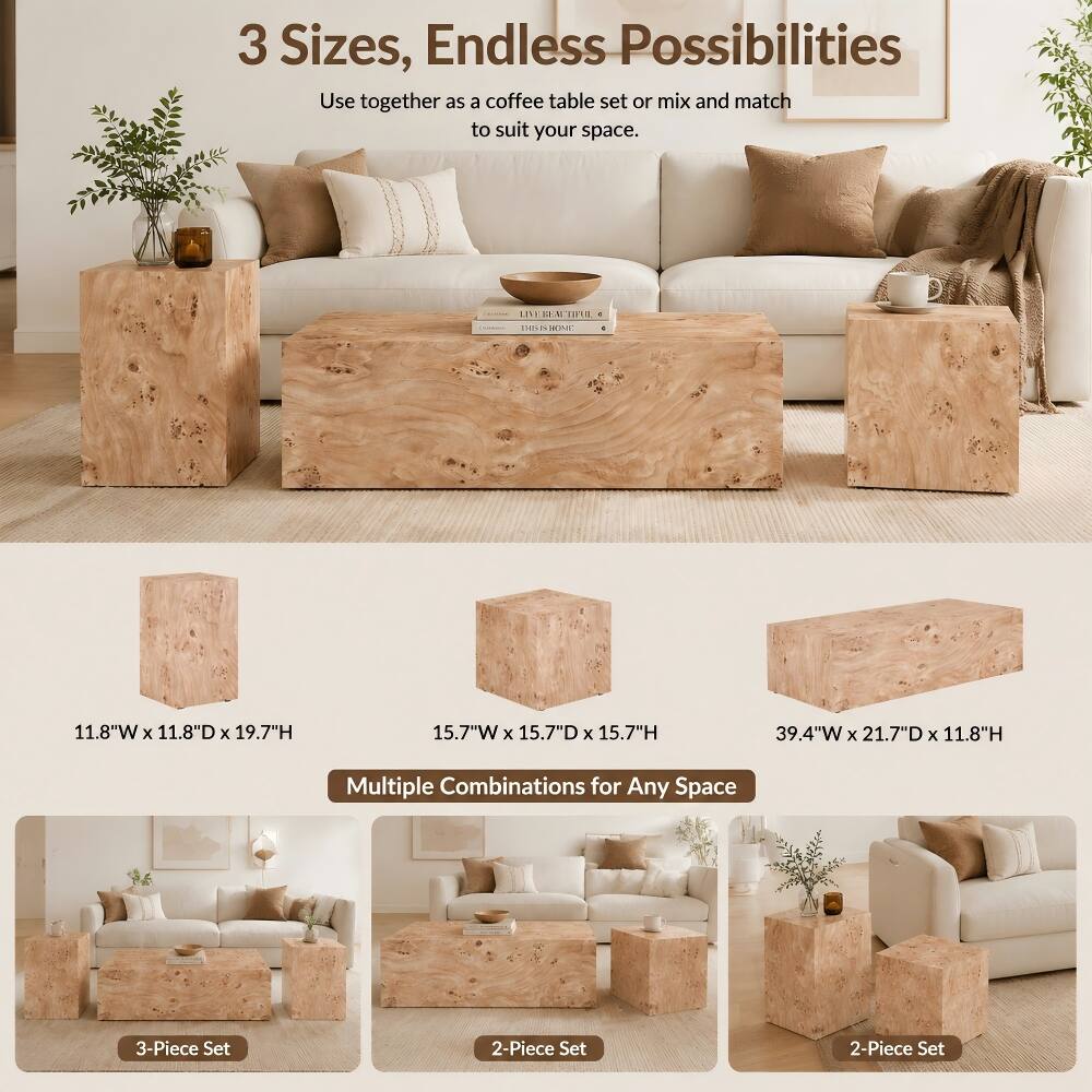 3 Sizes, Endless Possibilities  
Use together as a coffee table set or mix and match to suit your space.  

11.8"W X 11.8"D X 19.7"H  
15.7"W X 15.7"D X 15.7"H  
39.4"W X 21.7"D X 11.8"H  

Multiple Combinations for Any Space  
3-Piece Set  
2-Piece Set  
2-Piece Set