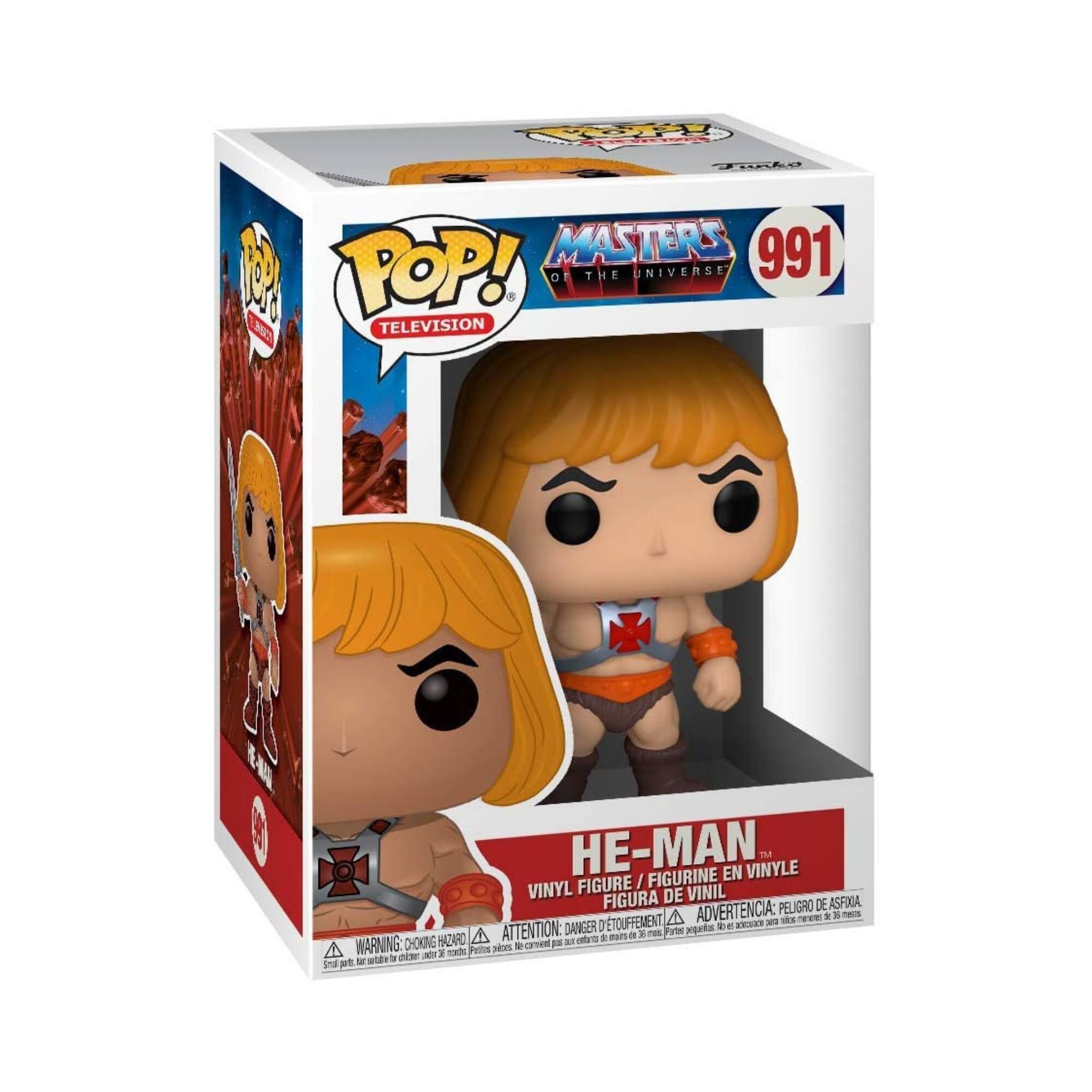 Sure, here is the corrected and grouped text from the image:

---

**POP! TELEVISION**

**MASTERS OF THE UNIVERSE**

**991**

**HE-MAN**

VINYL FIGURE / FIGURINE EN VINYLE / FIGURA DE VINIL

**WARNING: CHOKING HAZARD**  
Small parts. Not for children under 3 years.  
**ATTENTION: PELIGRO DE ASFIXIA**  
Pequeñas piezas. No es adecuado para niños menores de 3 años.  
**ADVERTENCIA: DANGER D'ÉTOUFFEMENT**  
Petites pièces. Ne convient pas aux enfants de moins de 3 ans.

---

This text is organized as it appears on the packaging.