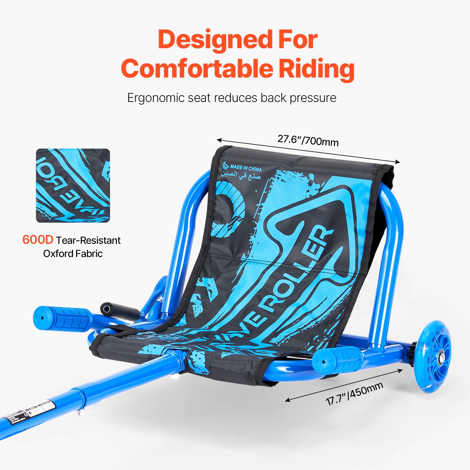 Designed For Comfortable Riding  
Ergonomic seat reduces back pressure  

600D Tear-Resistant Oxford Fabric  

27.6"/700mm  

17.7"/450mm  

MADE IN CHINA